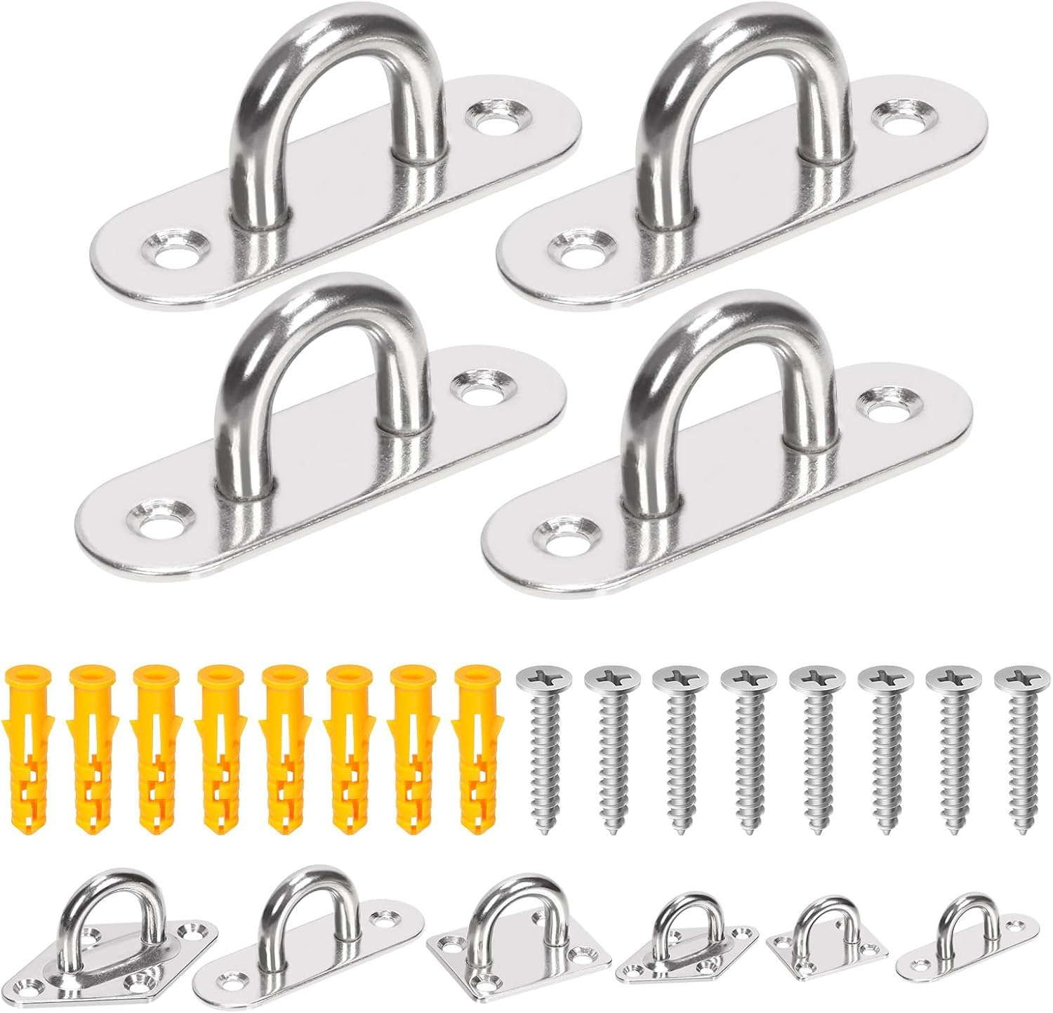 Glarks 20Pcs M5 Stainless Steel Pad Eye Plate Hook Kit, Oval Eye Plate U Hooks Heavy Duty Ceiling Hooks and Carabiner Clips Snap Hook for Ceiling and Mounting Hanging Hardware image number 6