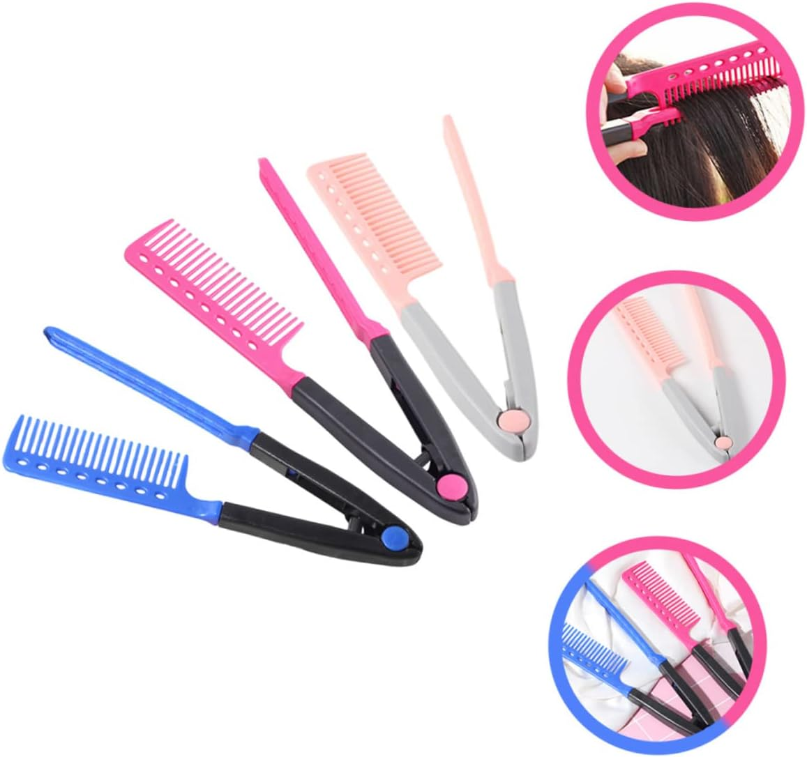 Salon Hair Straightening Comb 3Pcs Folding V-Shaped Hair Straightener Combs for Women Travel Set Rose Red Blue Pink image number 3