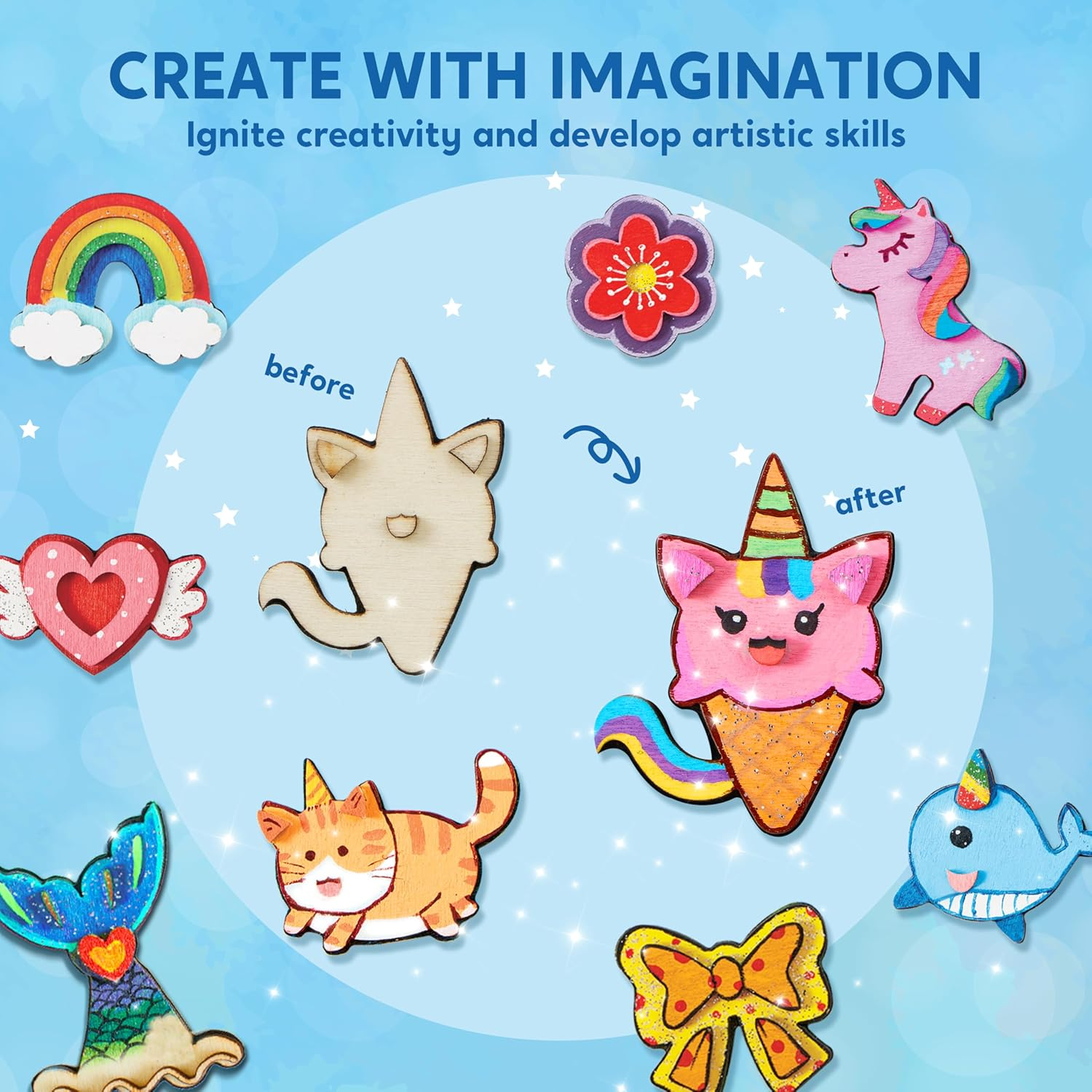 JOYIN 12 Pcs Fantasy Wooden Magnets, Kids Unicorn Painting Craft, Spring and Rainy Day Activities School Art Projects, Toys for Kids Aged 3+ Birthday Easter image number 6