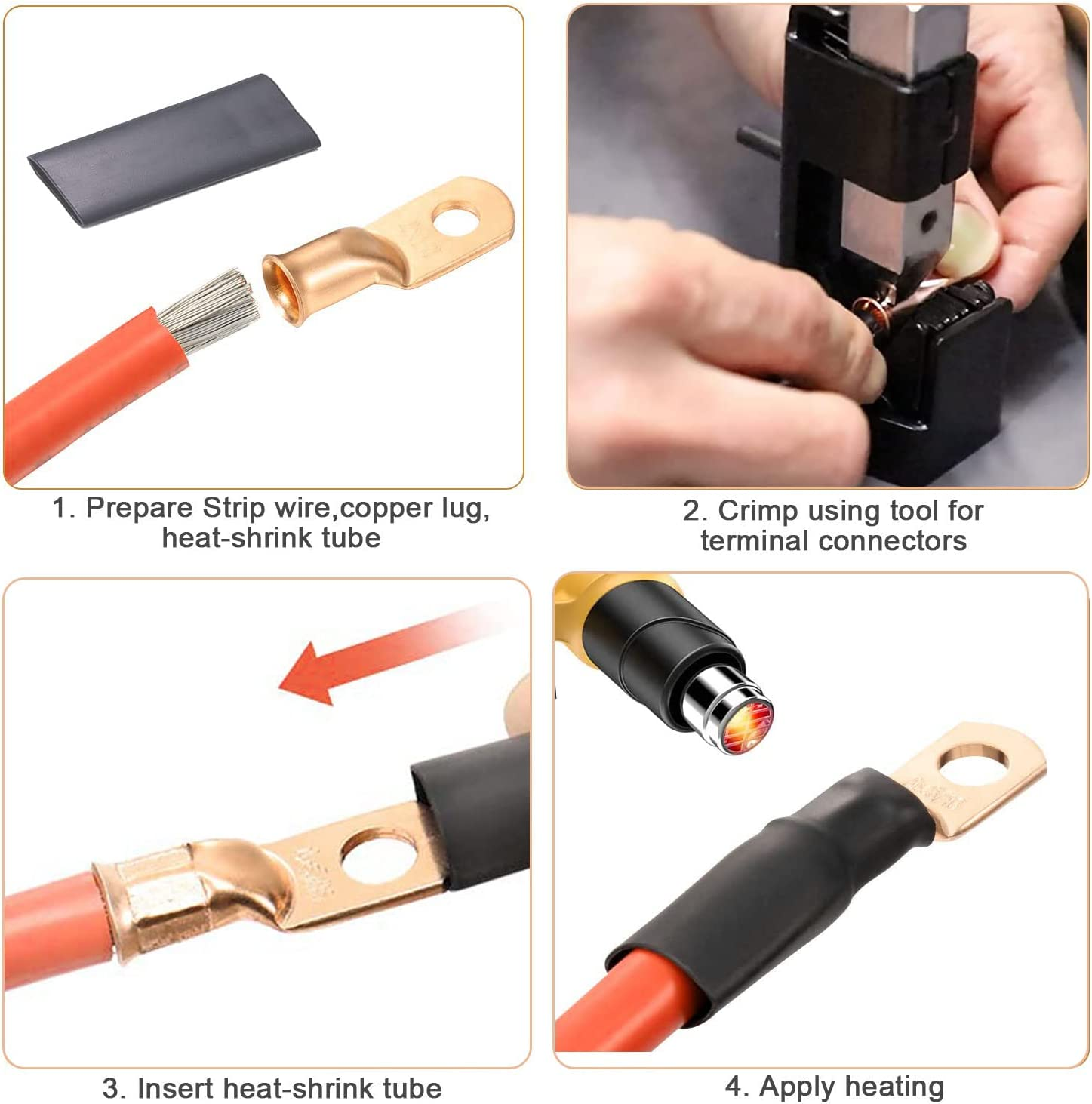 10 Pcs 5/16" Ring (M8) Heavy Duty Copper Wire Lugs Battery Cable Ends Bare Copper Eyelets Tubular Ring Terminal Connectors Assortment Kit,6 AWG/ 13.3Mm&sup2; Crimp Wire Ring Lugs with 10Pcs Heat Shrink Set image number 4