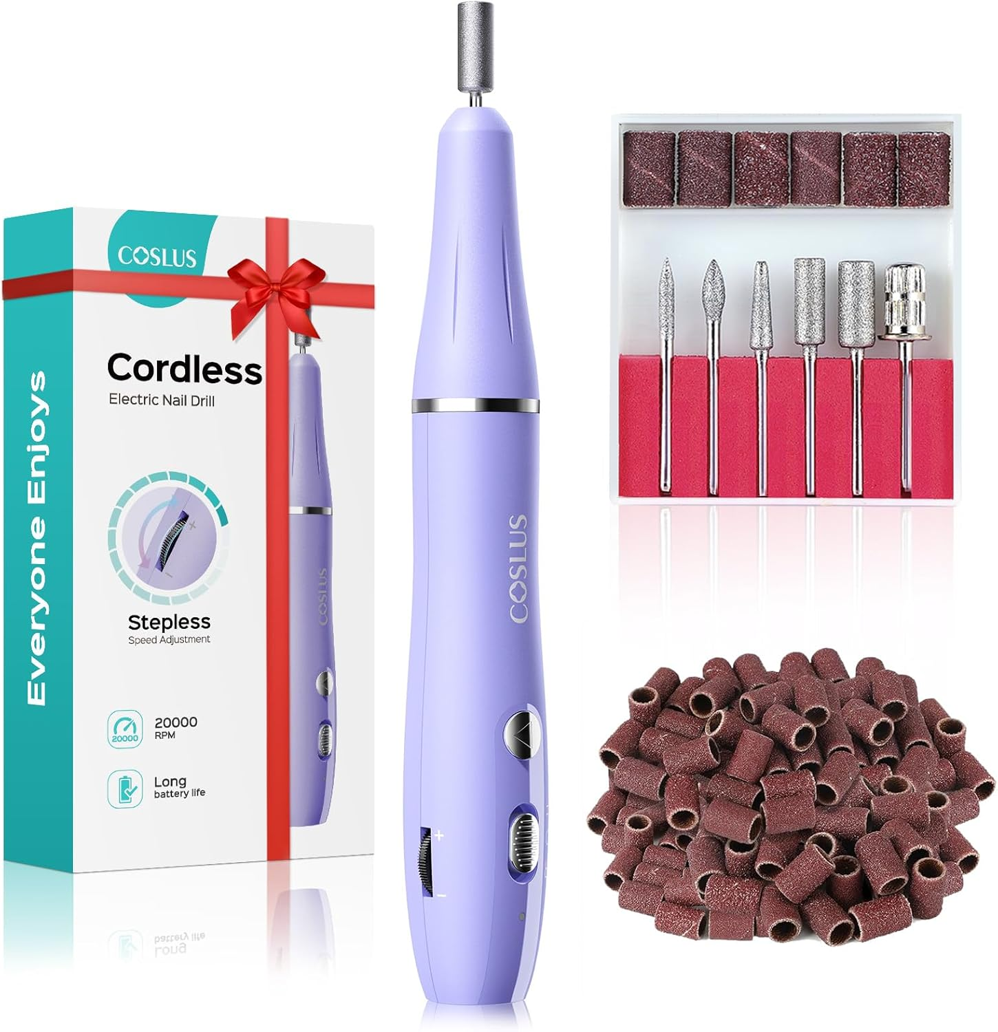 COSLUS Cordless Electric Nail Drill File: Nail Drill Machine with Stepless Speed Knob for Acrylic Gel Dip Powder Polish, Professional Portable Manicure Pedicure Rechargeable for Home Salon Use Pink