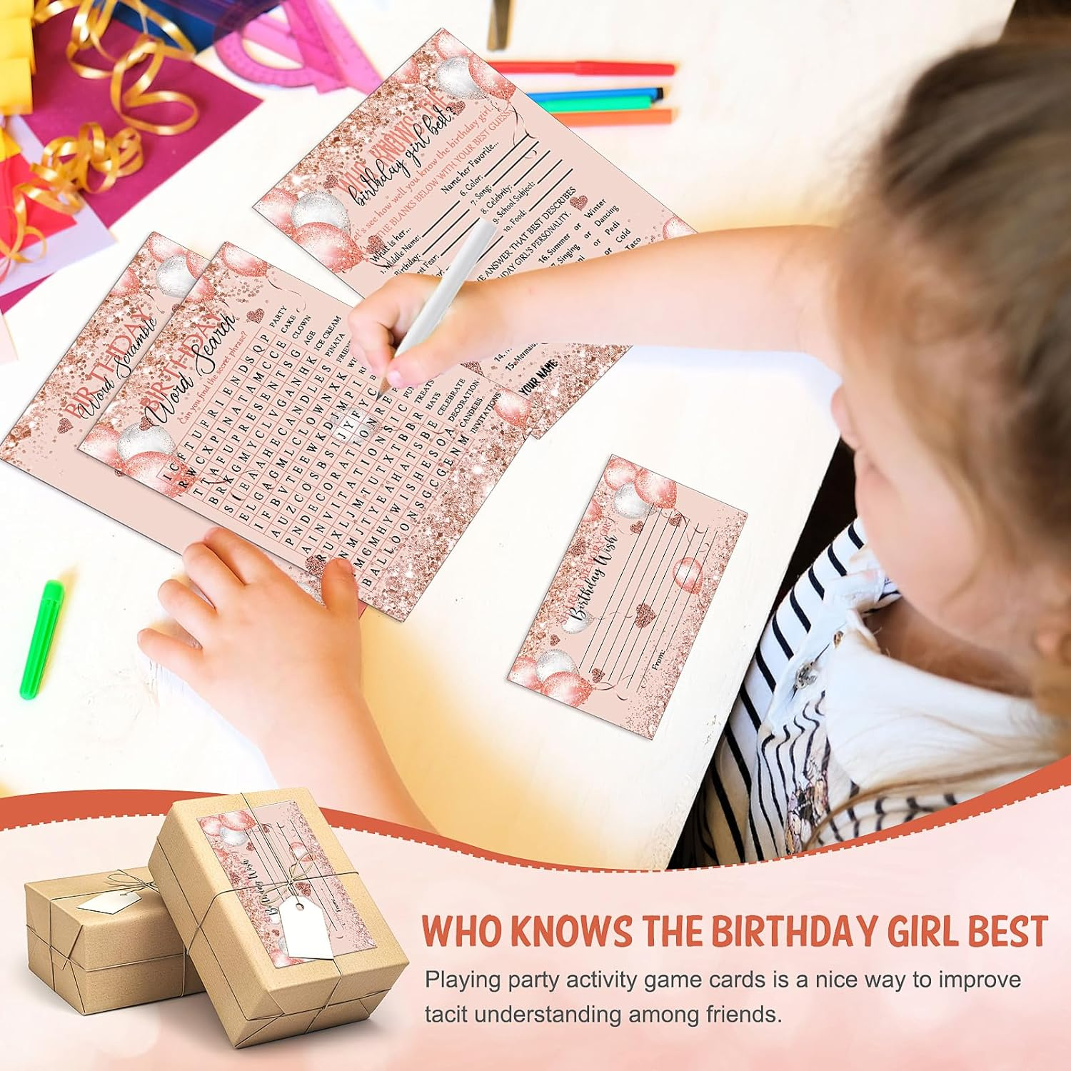 Birthday Party Cards 100 Pcs Who Knows the Birthday Girl Cards with 20 Pencils Girly Pink Sprinkles Birthday Cards Set for Child Teen Adults Sweet Sleepover Party Supplies, 4 Activities image number 3