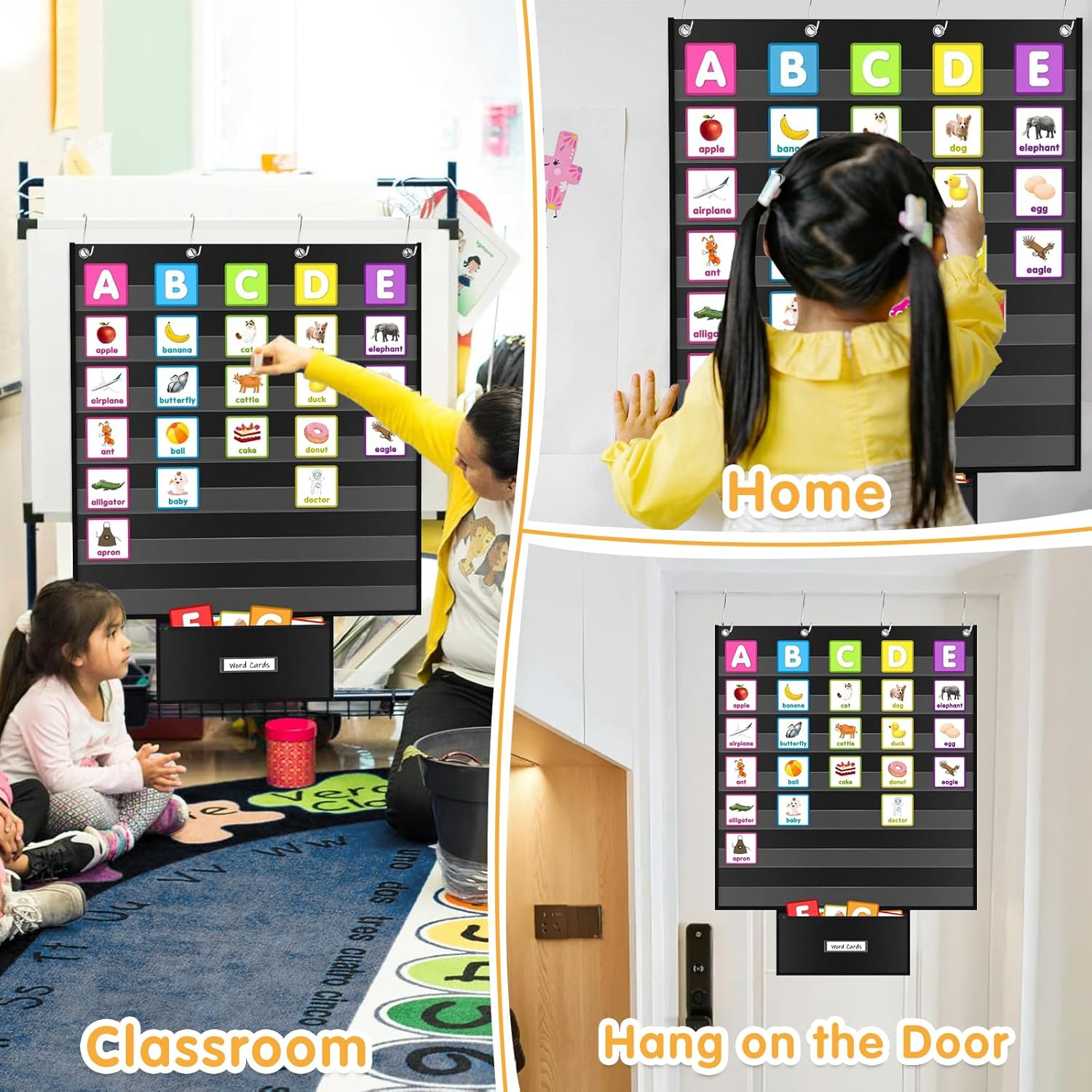 Standard Pocket Chart for Classroom 28"X28" Large 7 Pocket Charts with Card Storage Bag Sentence Strip Holder for Word Wall, Sight Words, Cards, Calendar, Daily Visual Schedule (Black) image number 5