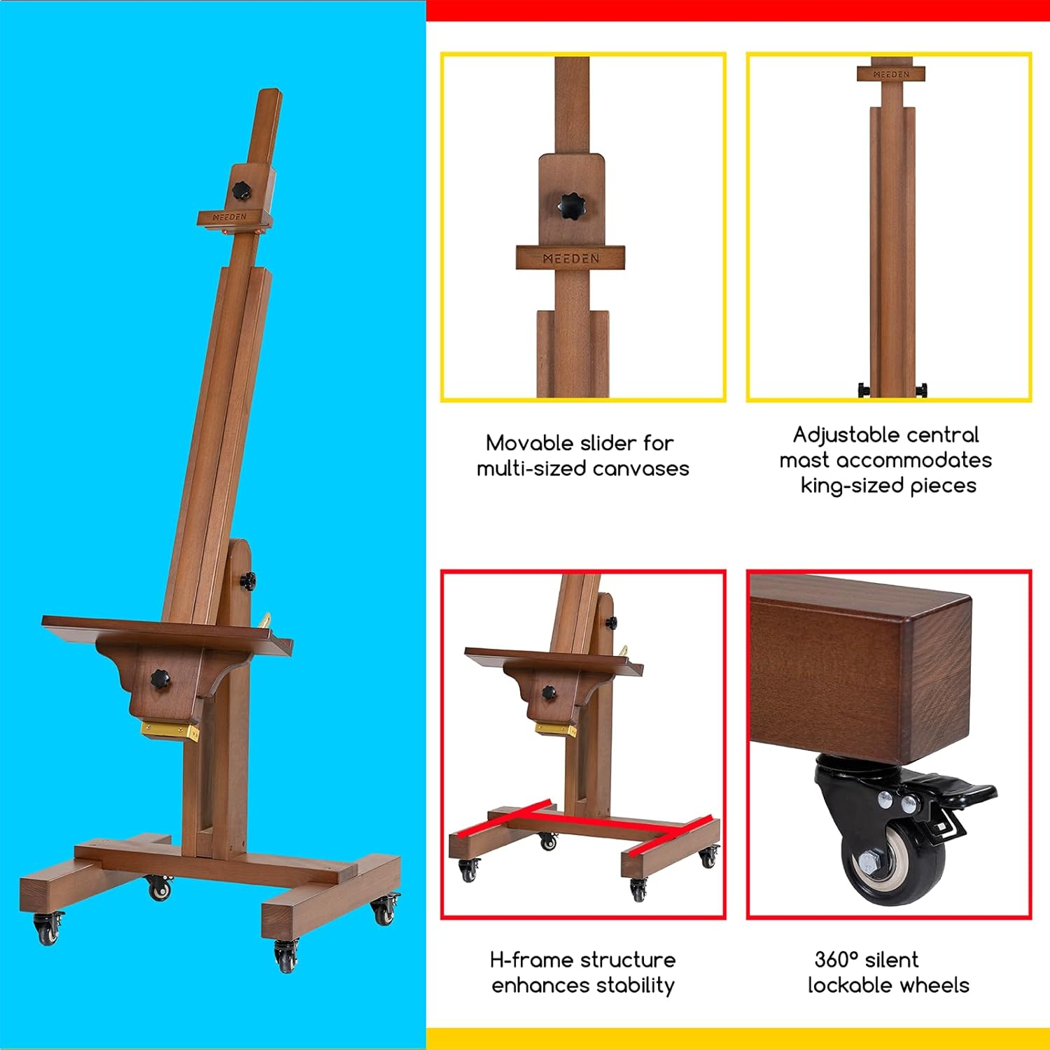 MEEDEN Extra Large Painting Easel: Solid Beech Wood Artist Studio Easel - Professional Art Easel Stand for Adults - Adjustable Movable Tilting Easel for Canvas up to 71" - Walnut image number 6