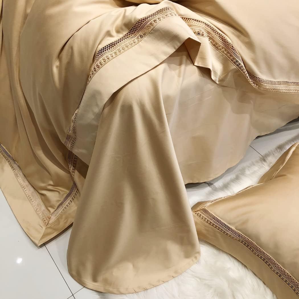 Modern Minimalist Hollow Edge Long-Staple Cotton Four-Piece Set Cotton Cotton Solid Color Quilt Cover Bedding,Gold,2200 * 2400Mm image number 3