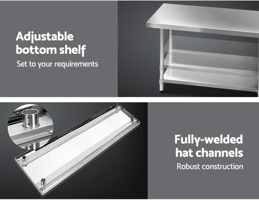 Cefito 1829X610Mm Stainless Steel Kitchen Bench, Island Cart Work Table, Commercial 430 Food Grade Restaurant Prep Storage with 2-Layers Shelf Countertop image number 4