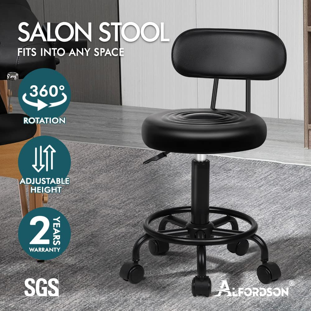 ALFORDSON Salon Stool Declan round Swivel Drafting Rolling Stools in 47.5-62Cm Height Adjustable PU Leather Spa Stool with Footrest Wheel Hair Dress Barber Chair with Backrest for Massage All Black image number 5