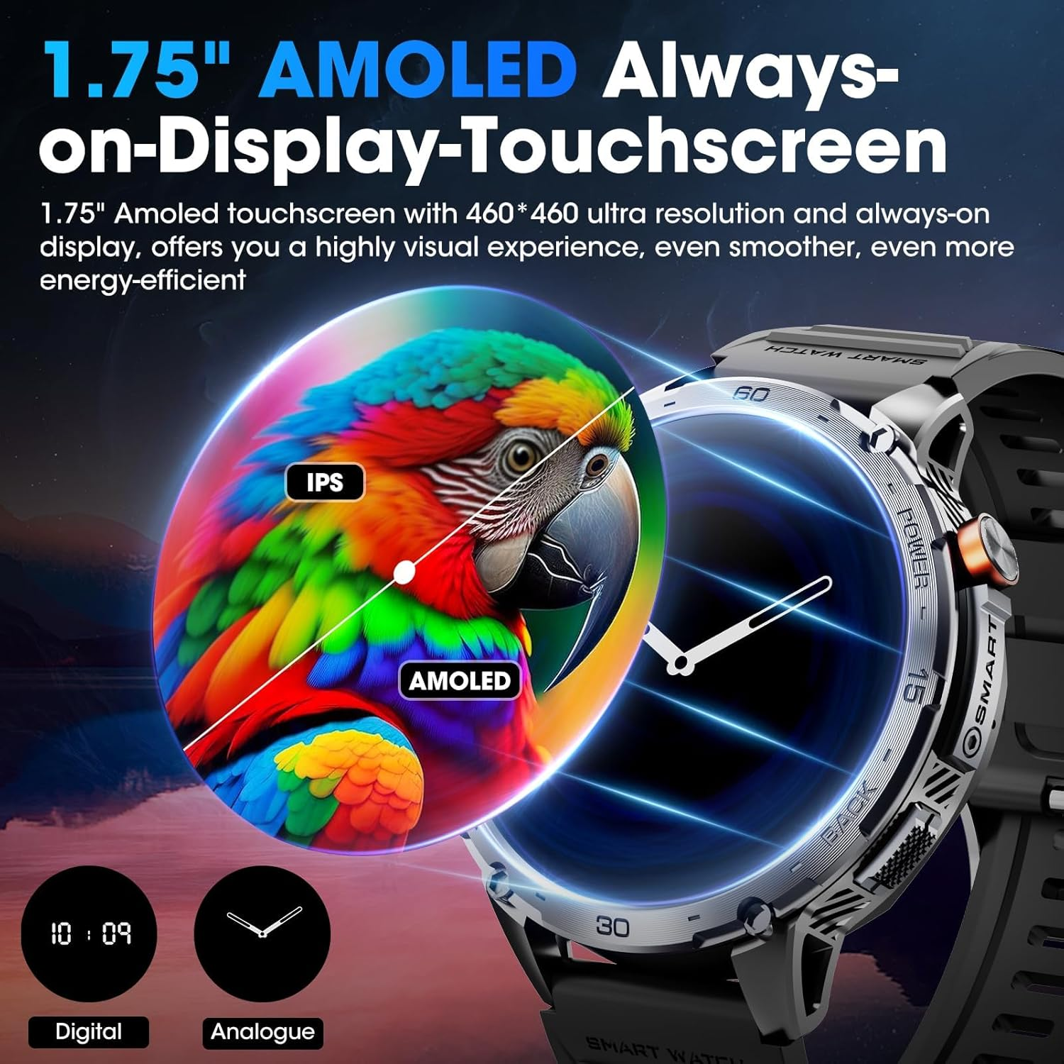 Military Smart Watch for Men 1.75" HD AMOLED Display 730Mah Battery Smart Watches with LED Flashlight for Android Ios（Bluetooth Call Answer/Dial Calls） Fitness Tracker - Black image number 3