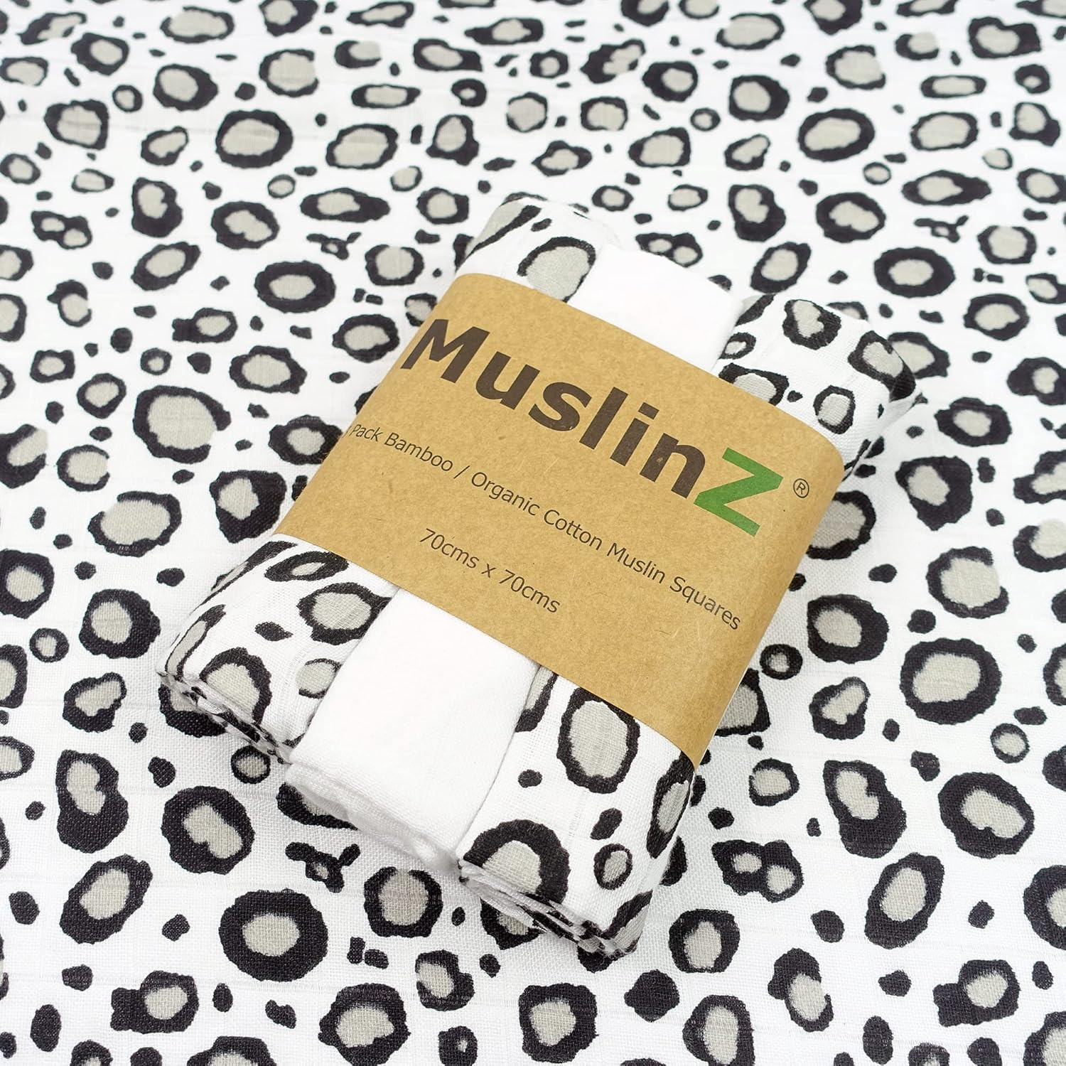 Muslinz Newborn Sensory Muslin Squares in Black and White for Visual Stimulation and Sensory Play. Baby Muslin Bamboo/Organic Cotton Mix. (Leopard, 70X70Cms)