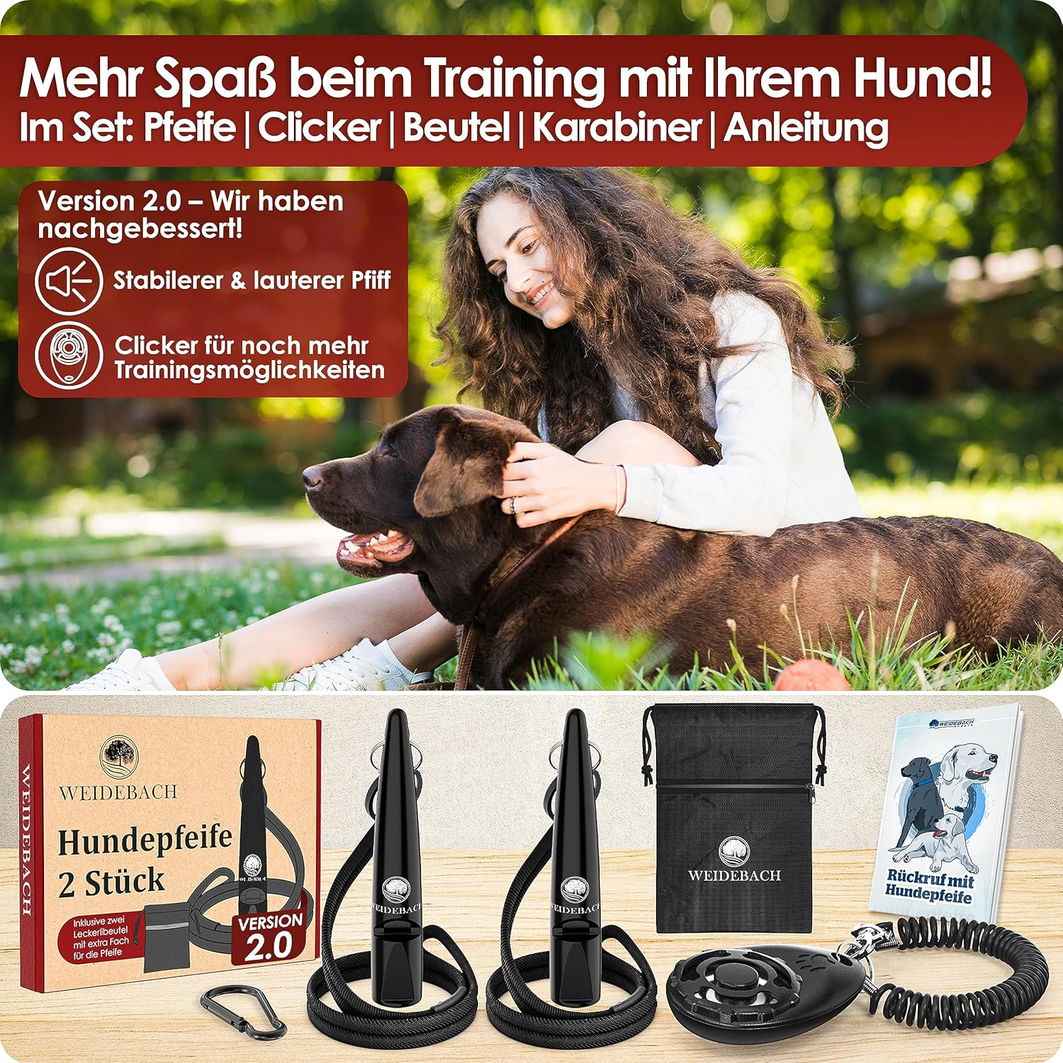 WEIDEBACH&reg; 2 X Improved Dog Whistle 2.0 with More Stable & Louder Sound, Includes Clicker, Treat Bag and E-Book for Training with Dog, Standardised, Quality Band & Mouthpiece, Successful Recall image number 5
