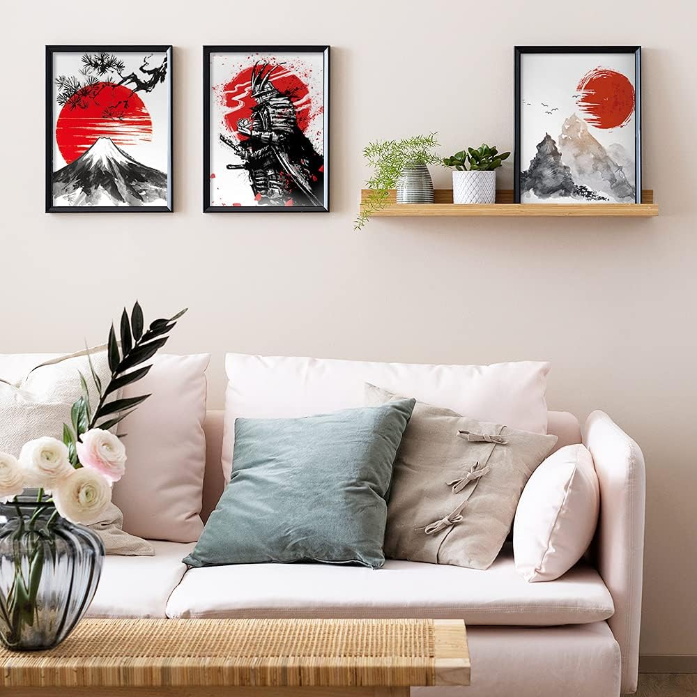 YUMKNOW Japanese Art Wall Decor - Unframed 8X10 Set of 6, Modern Minimalist Asian Oriental Decor for Living Room, Samurai Armor Warriors Prints Posters for Bedroom, Japan Red White Art Office Gifts