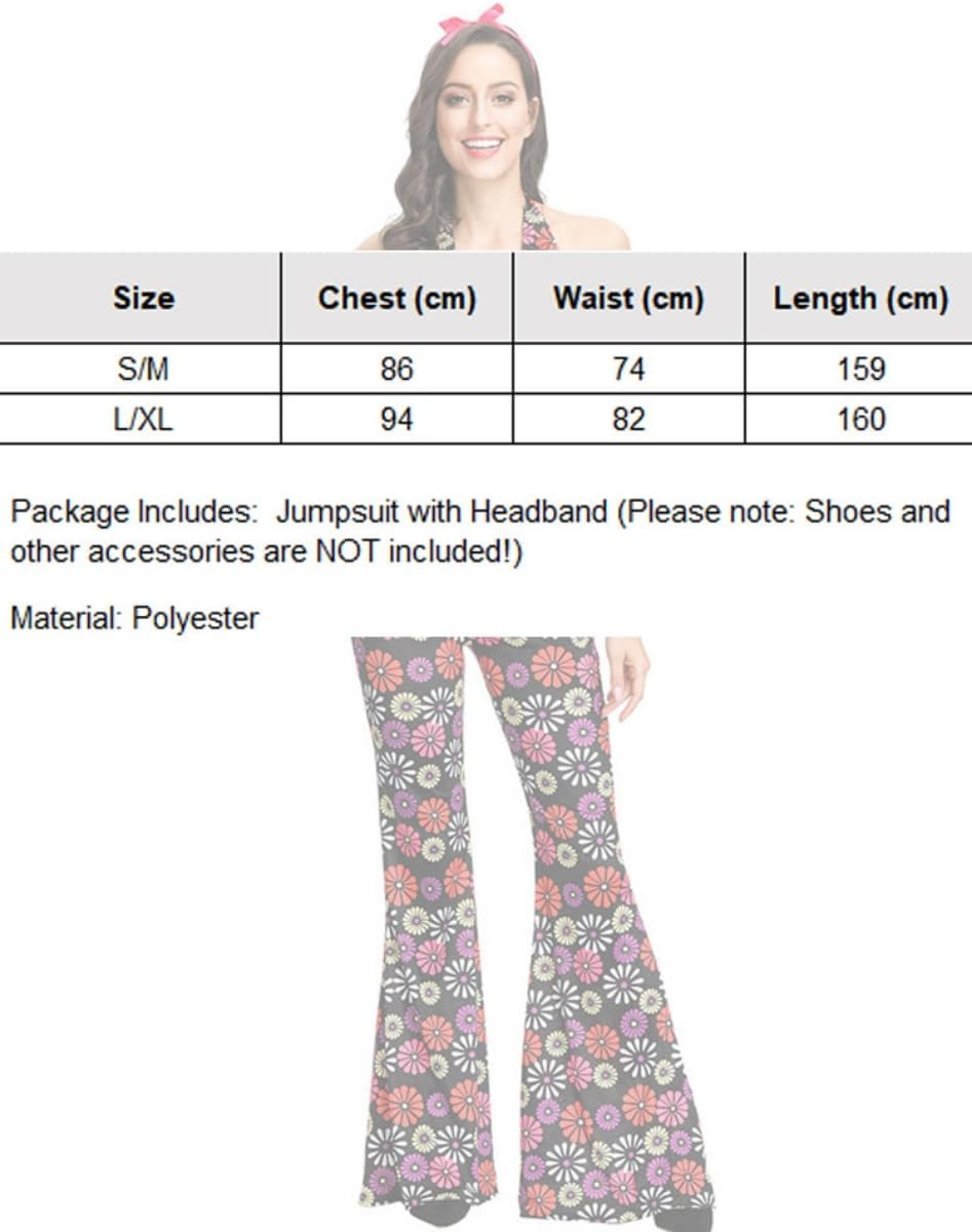Costume Bay Women'S 60S 70S Vintage Groovy Shimmy Hippie Dress with Headband Costume Flared Pants Halloween Disco Outfit Fancy Dress Cosplay Carnival Party (Retro Jumpsuit, M)