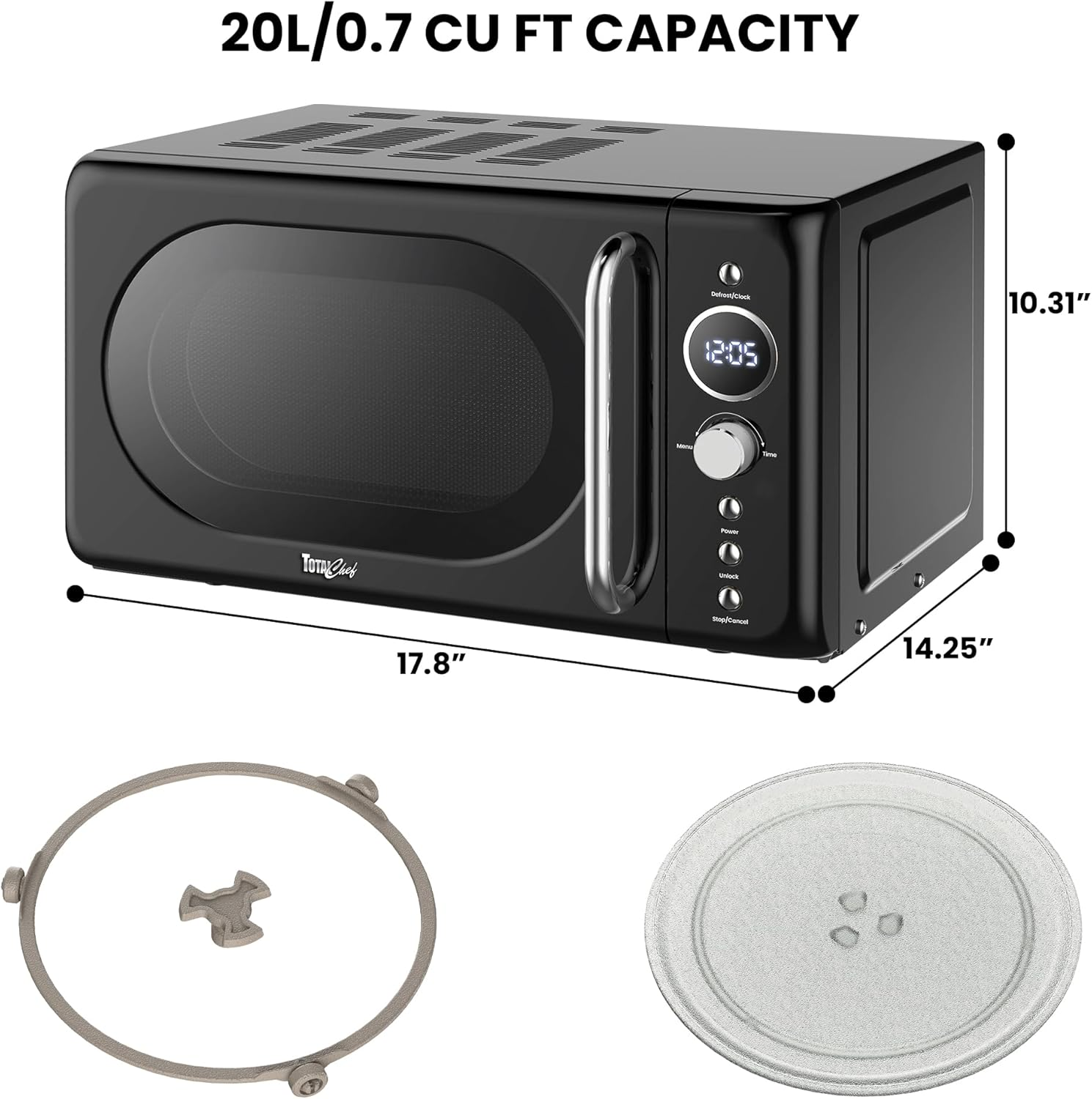 Total Chef Retro Microwave Oven | 20L Quick Start & Defrost by Weight/Time | 8 Pre-Set Cooking Modes for Coffee, Rice, Pasta, Potato, Reheat, Fish, Pizza, Popcorn | 700W | Black - Red image number 7