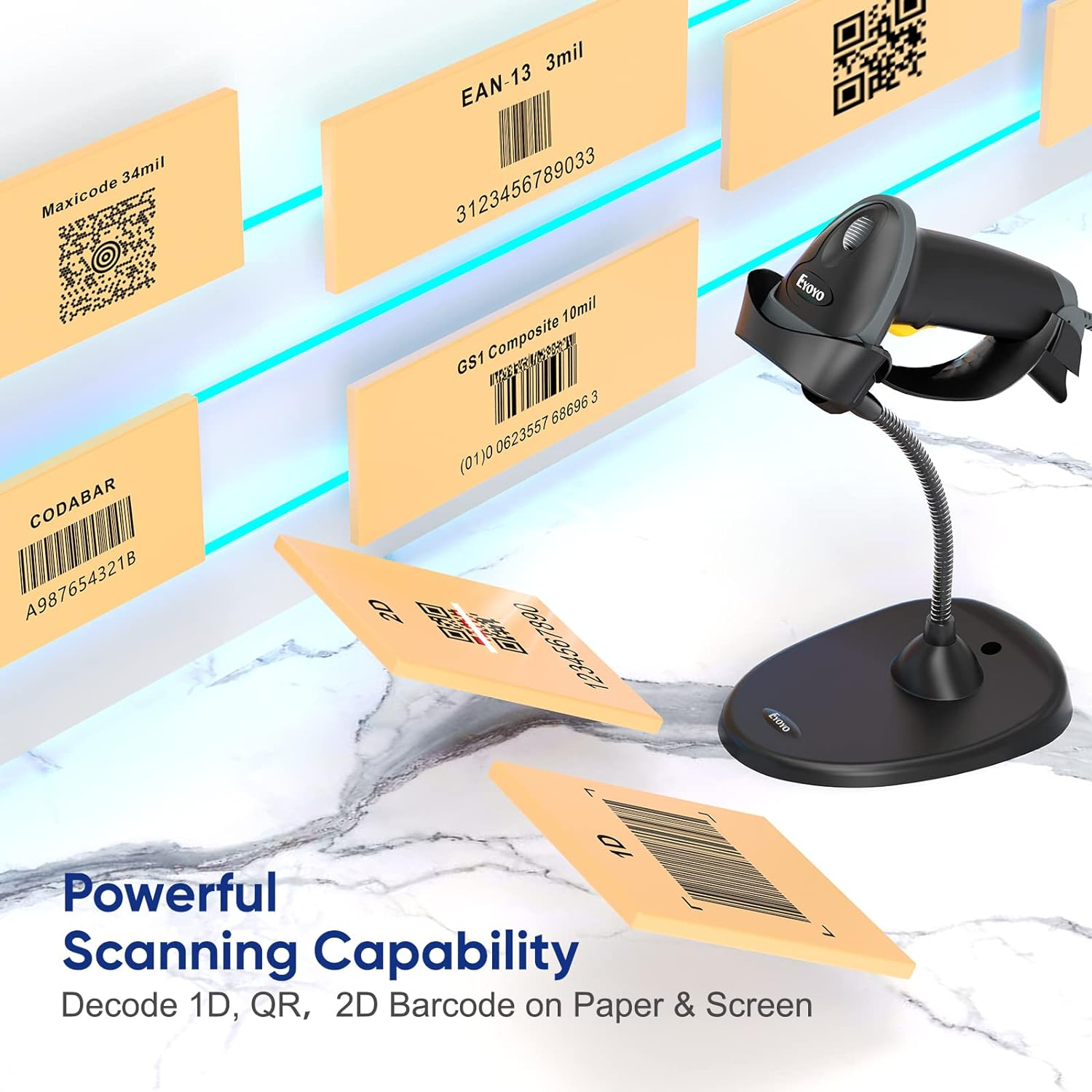 Eyoyo Handheld 2D Barcode Scanner with Gooseneck Stand, Automatic USB Wired QR Code Scanner Bar Code Reader Support Screen Scanning for PC POS System Library Store Supermarket Check-Out, Inventory&hellip; image number 3