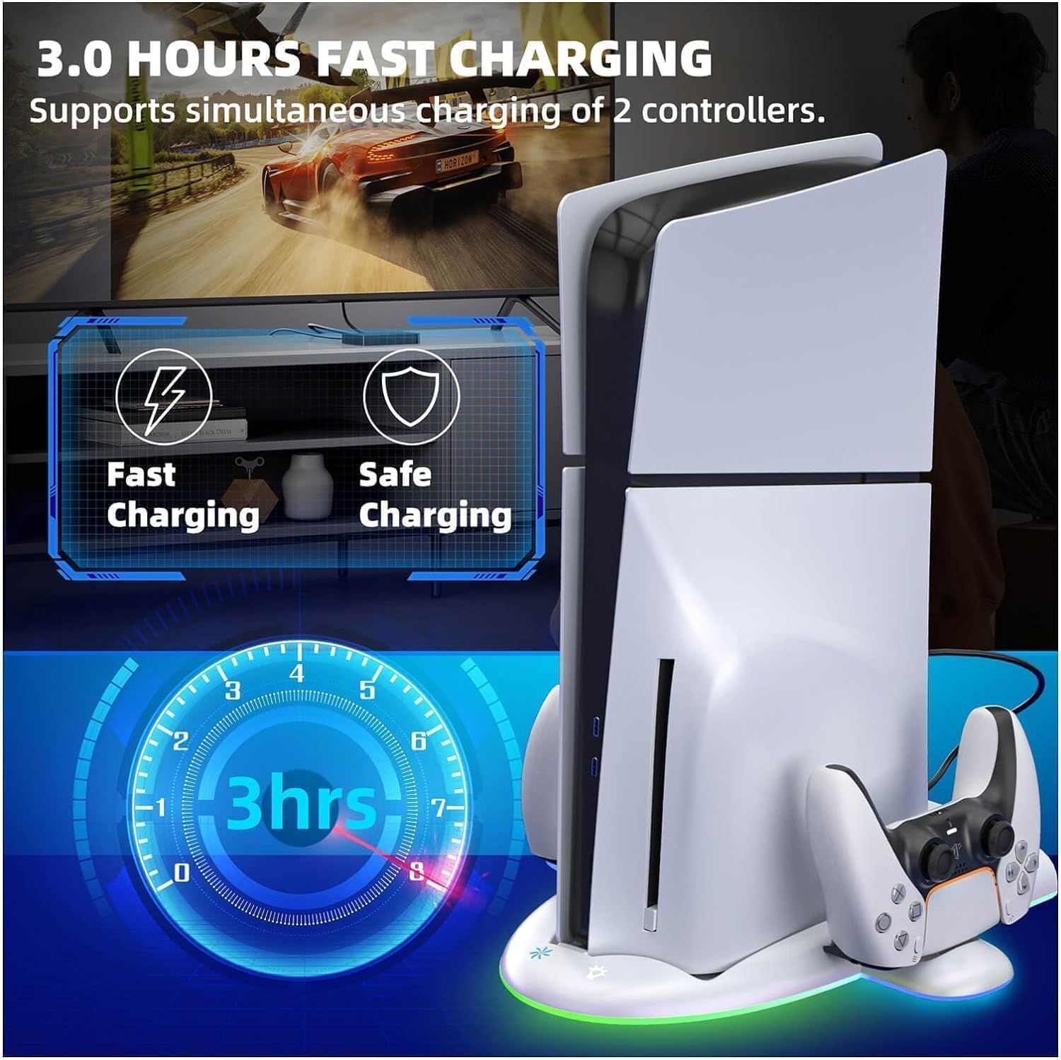 Cooling Fan Stand Compatible with PS5 Slim Console Digital/Disc - Controller Charger with 9 RGB Lights image number 2