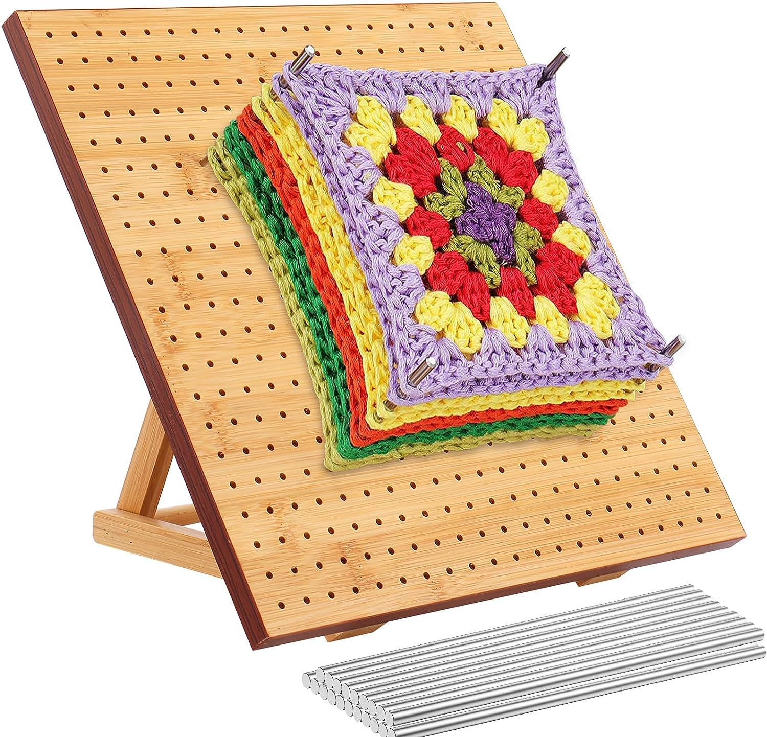 Abizarch 11.4Inch Crochet Blocking Board with 20 Steel Rod,Bamboo Wooden Blocking Board with Adjustable Stand,Granny Square Blocking Board for Beginner Knitting Lover Crocheting