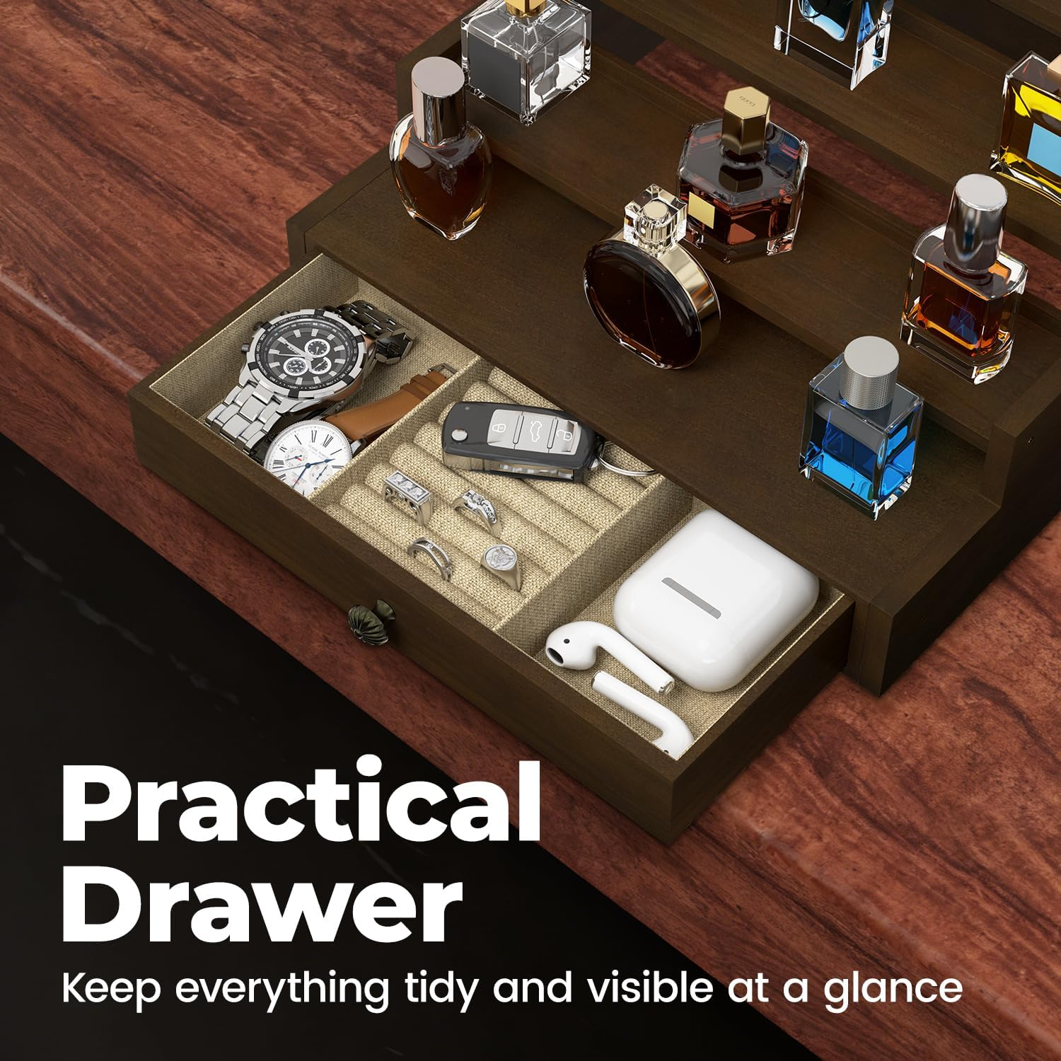 Esluker.Ly Perfume Organizer Cologne Holder Stand for Men, Wooden Cologne Display Shelf for Bedroom Dresser Countertop, 5 Tier Large Capacity Storage Rack with Drawer, Keep Fragrance Neat & Accessible image number 4