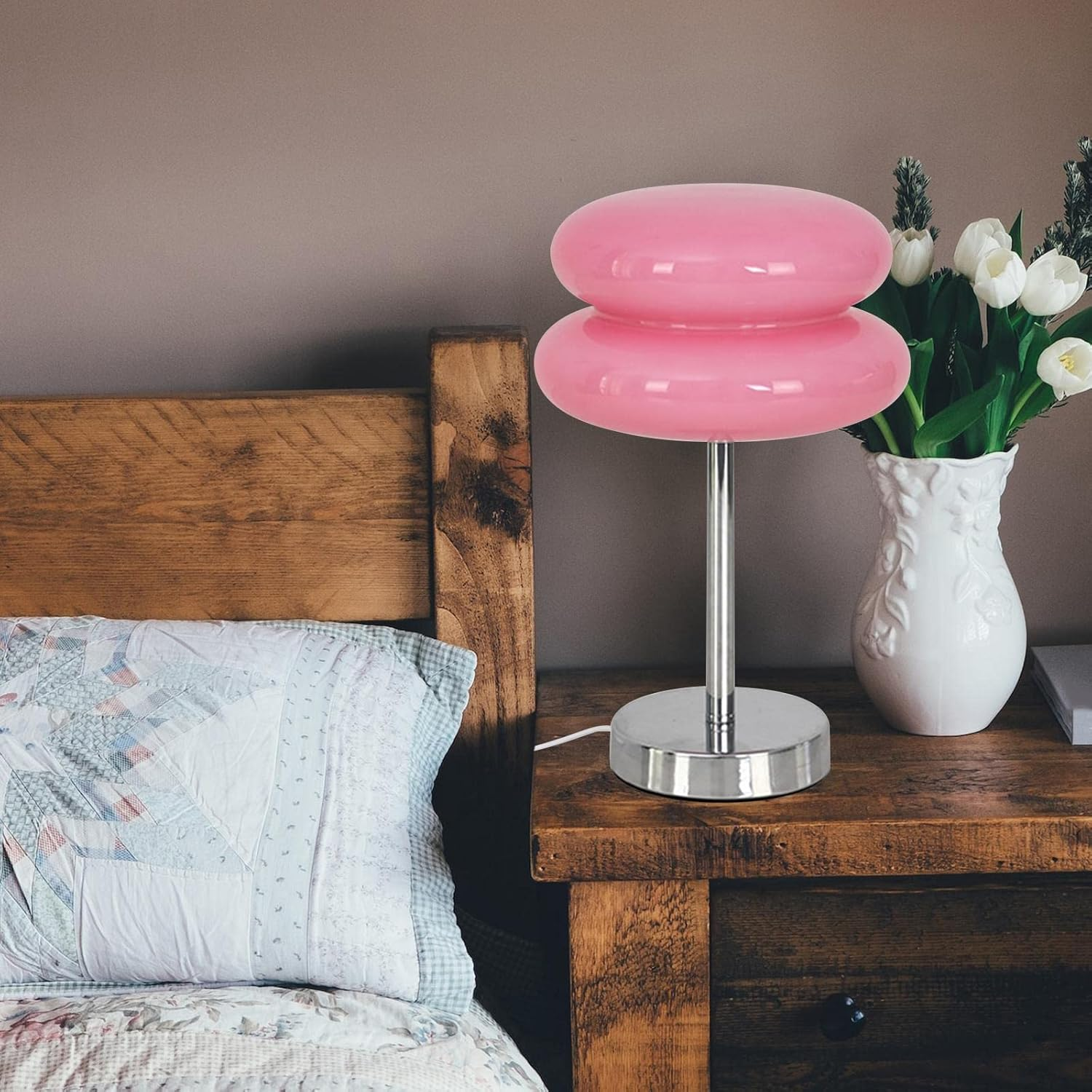 Fenteer Nordic Egg Pie Mushroom Table Lamp Modern Fashionable USB Table Lamp 3 Color Change Durable for Dresser Desk Lamp Bedside Living, Pink - White image number 4