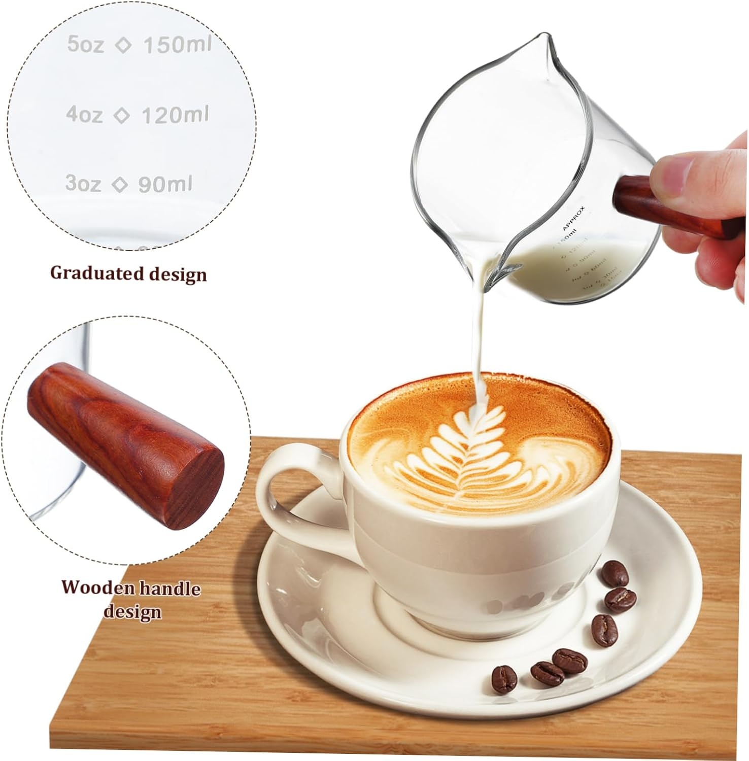 MOTHNUR 2 Pcs Espresso Glass Measuring Cups with Wooden Handles Dual Spout Pitchers for Coffee Creamer Milk Precise Graduated Design for Home Office Coffee Shop Use image number 1