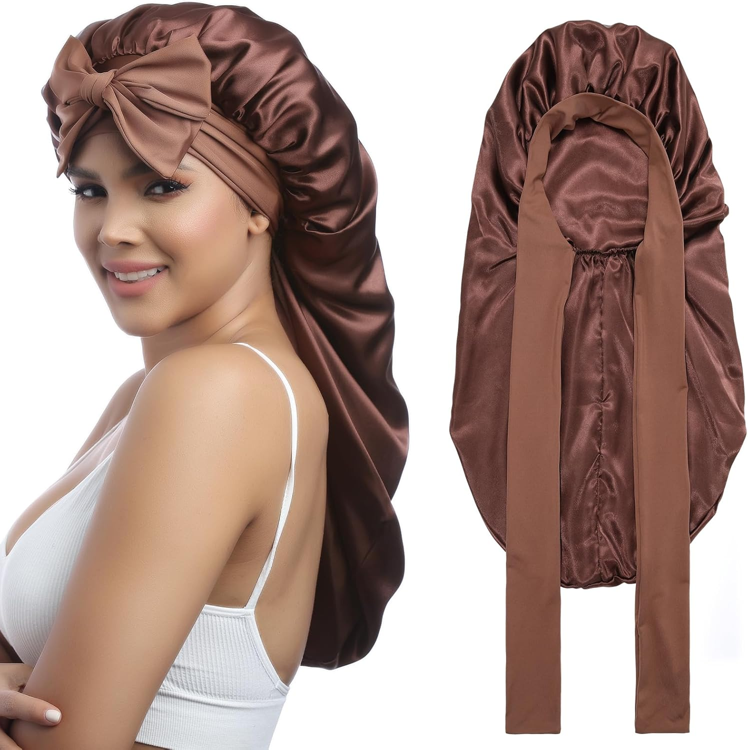 AWAYTR Long Satin Bonnet for Women - Double Layer Elastic Silk Bonnet for Braids Hair Sleeping Cap with Tie Band