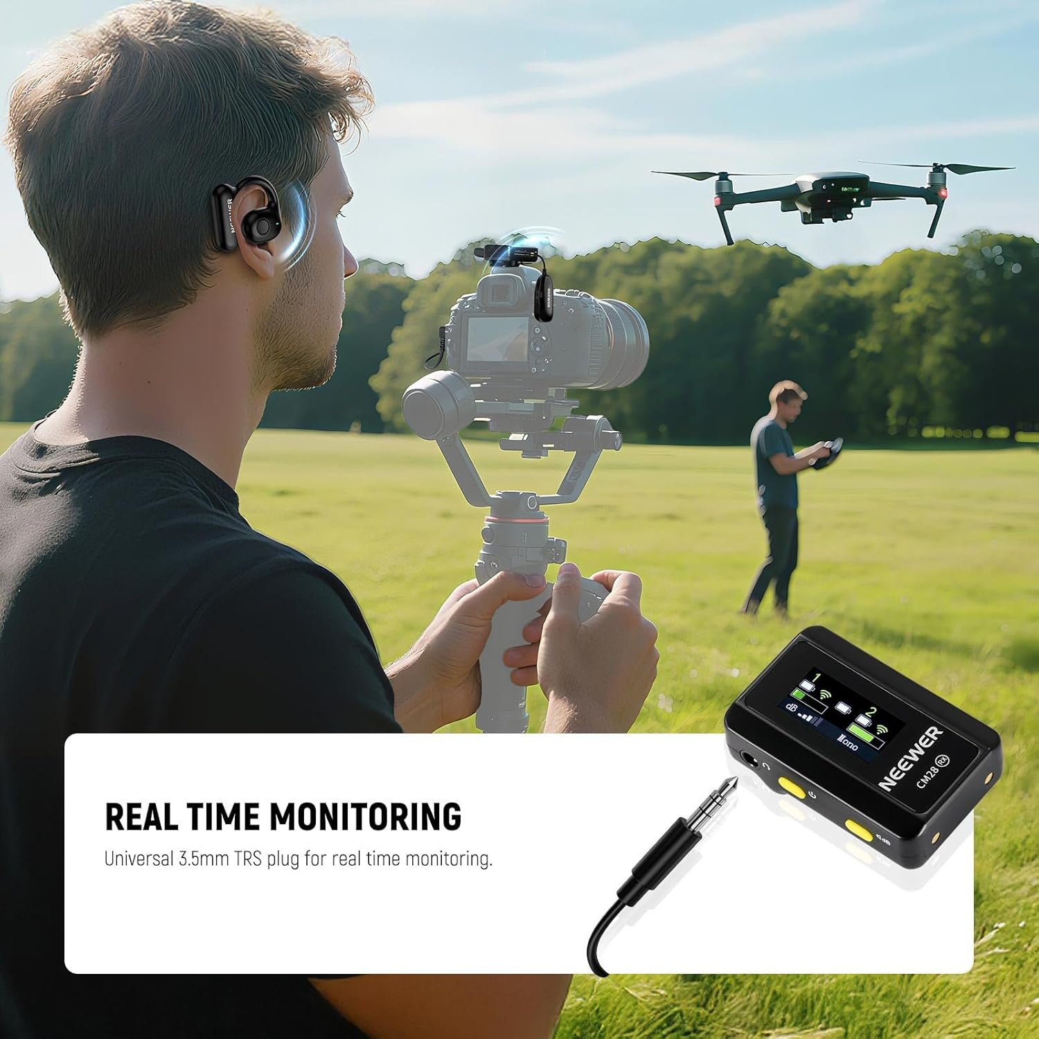 NEEWER EB01 2.4G Wireless 3.5Mm TRS Dongle OWS Real Time Monitoring Earphones, Noise Cancelling, Mono Track, 30M Range, 24H Battery in Ear Earbud Monitor System Compatible with VM10 VM11 CM28 CM31 Mic image number 1
