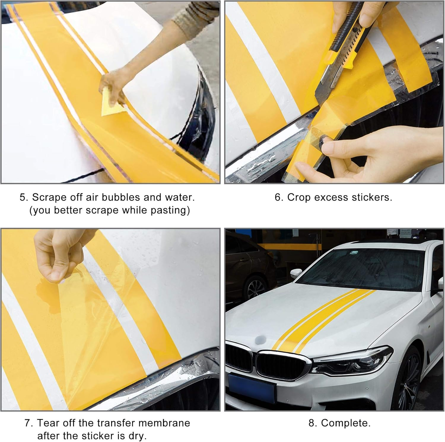 TOMALL 49"X 8.7" Car Hood Stripe Sticker - Auto Racing Body Side Decal, Skirt Roof Hood Bumper Vinyl Modified Decoration for Car (White) image number 5