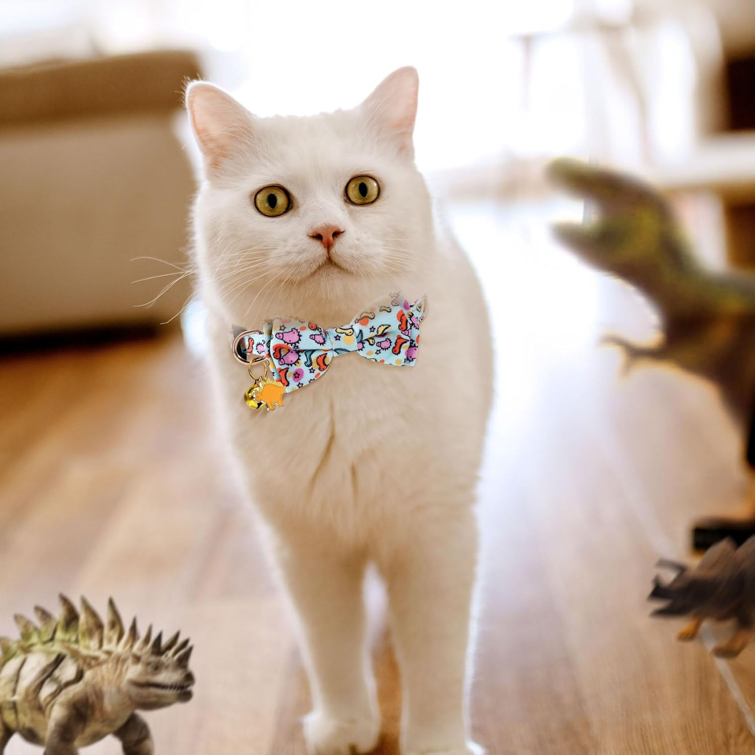 2Pcs Dinosaur Patterned Cat Collar, Cat Collar with Bell Adjustable Dinosaur Cat Collars Bowtie Cat Collar Fancy Cat Collar for Male and Female Cats image number 5