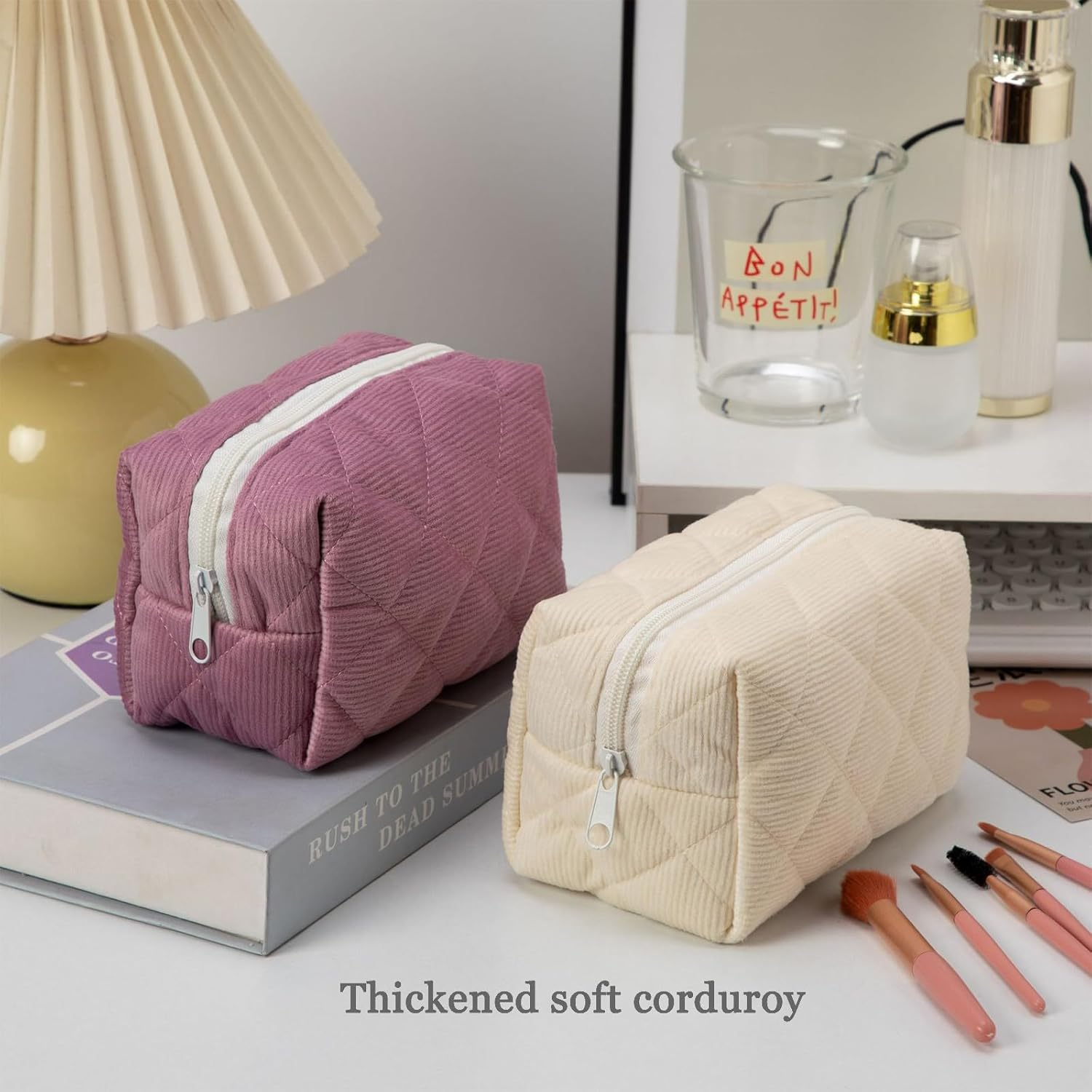 Small Makeup Bag for Purse Corduroy Makeup Bag Travel Makeup Pouch Mini Cosmetic Bag for Women Pink image number 4