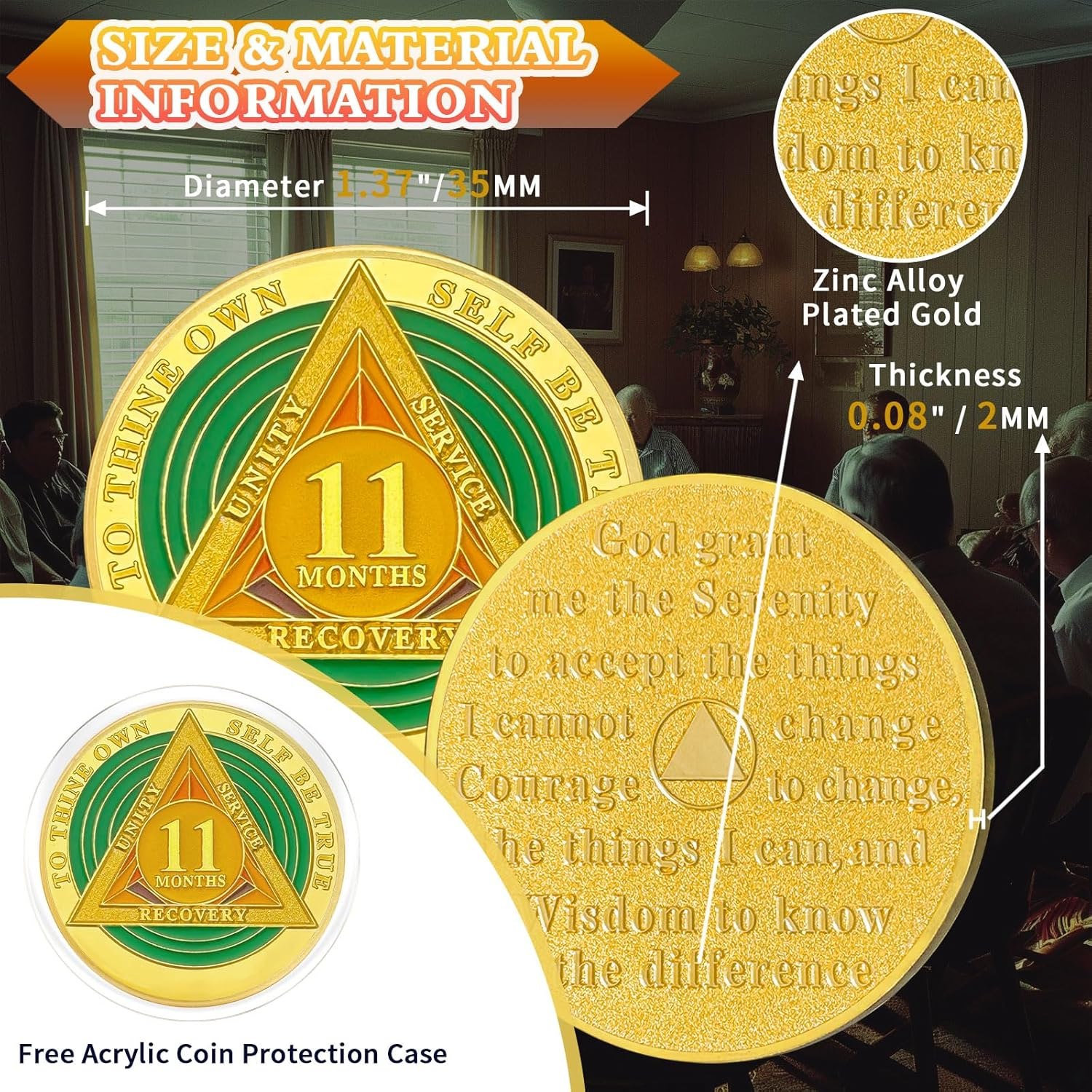Green Triangle 11 Month Sobriety Coin Eleven Month Sober Gold Coin Rainbow Sobriety Chip AA Chips and Medallion AA Coin Recovery Chip Sobriety Token Sobriety Gifts for Women Men - 2 Month Sober image number 6