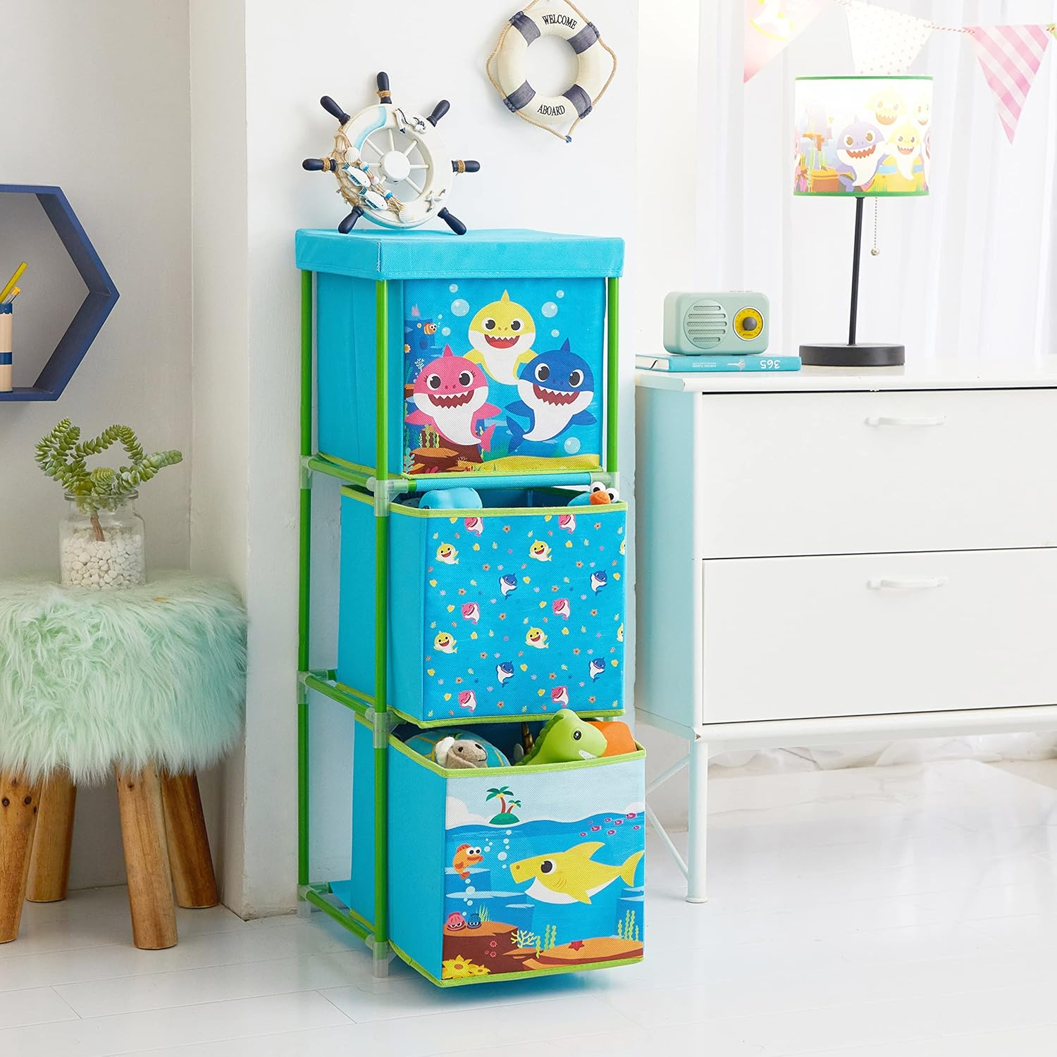 Idea Nuova Nickelodeon Baby Shark 3 Tier Fabric Storage Organizer with 3 Cubes and Removable Lid