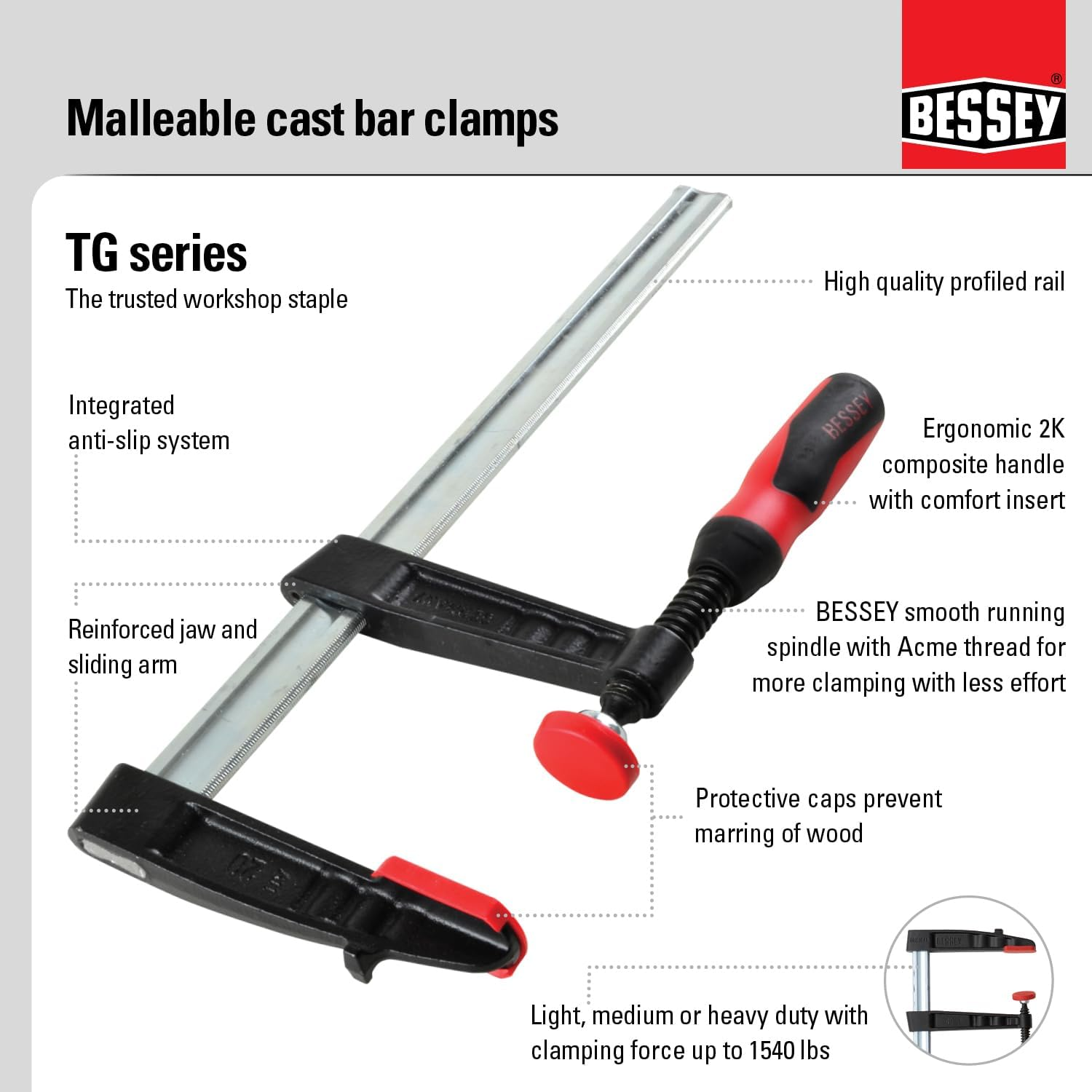 BESSEY TG4.016+2K Clamp, Woodworking, F-Style, 2K Handle, Replaceable Pads, 4 In. X 16 In., 880 Lb image number 3