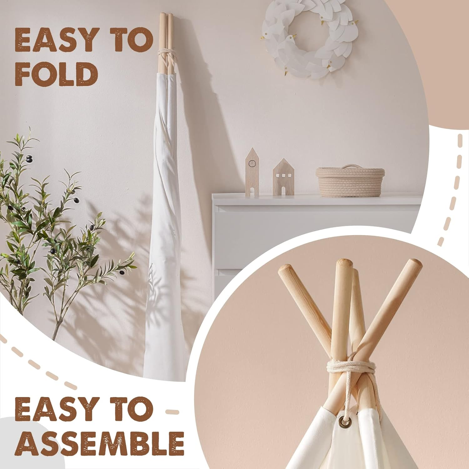 Tiny Land 100% Cotton Large Kids Teepee Tent with Padded Mat & Light String & Carry Case-Kids Foldable Play Tent -Toys for 3,4,5,6 Year Old Girls and Boys, Teepee Indoor Outdoor Games Playhouse image number 4