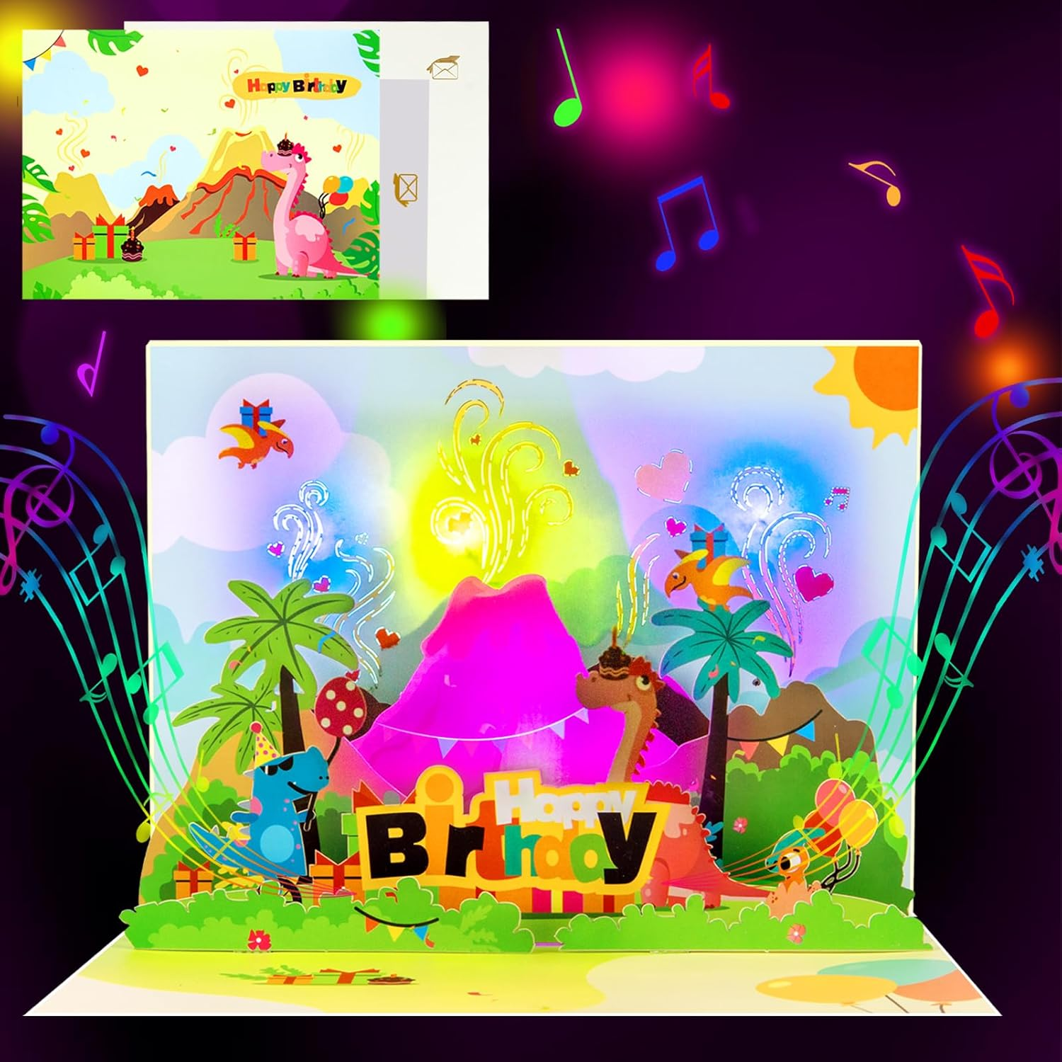 Musical 3D Birthday Cake Pop-Up Card with LED Lights and Music &ndash; Happy Birthday Card with Fireworks and Balloons &ndash; for Kids, Adults, Friends, and Family &ndash; Birthday Gift with Envelope and Notecard
