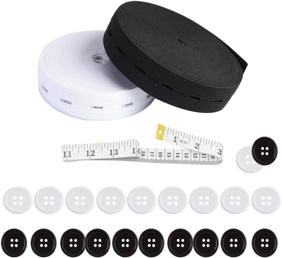 2 Rolls Elastic Band with Holes,Yifarube 1Inch Width Buttonhole Stretch Strip with Soft Tape Measure and 20Pcs Resin Button for Crafts DIY Waistbands (White and Black,5.5 Yard Each) image number 6
