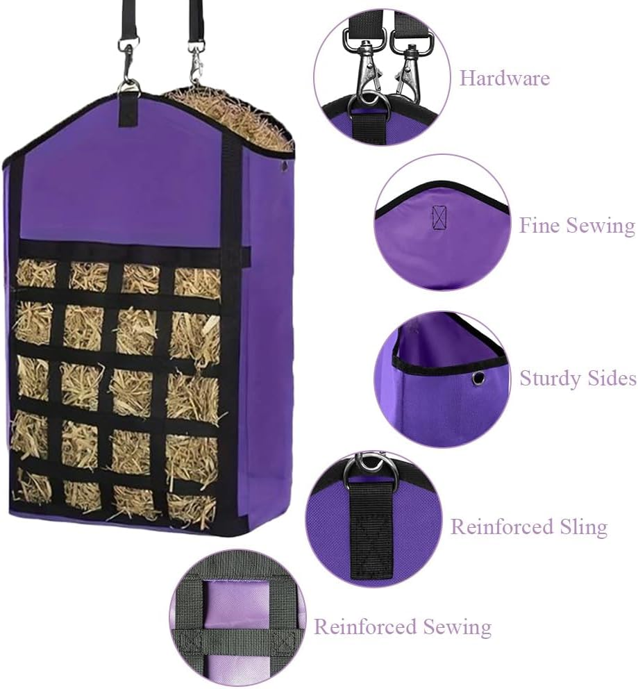 2 Pack Hay Bags,Slow Feeder Hay Bag,Horse Feeding Bag, with Front Hay Nets Design, Easy to Fill and Hang with Large Opening,For Horse, Goat, Donkeys (Purple) image number 5