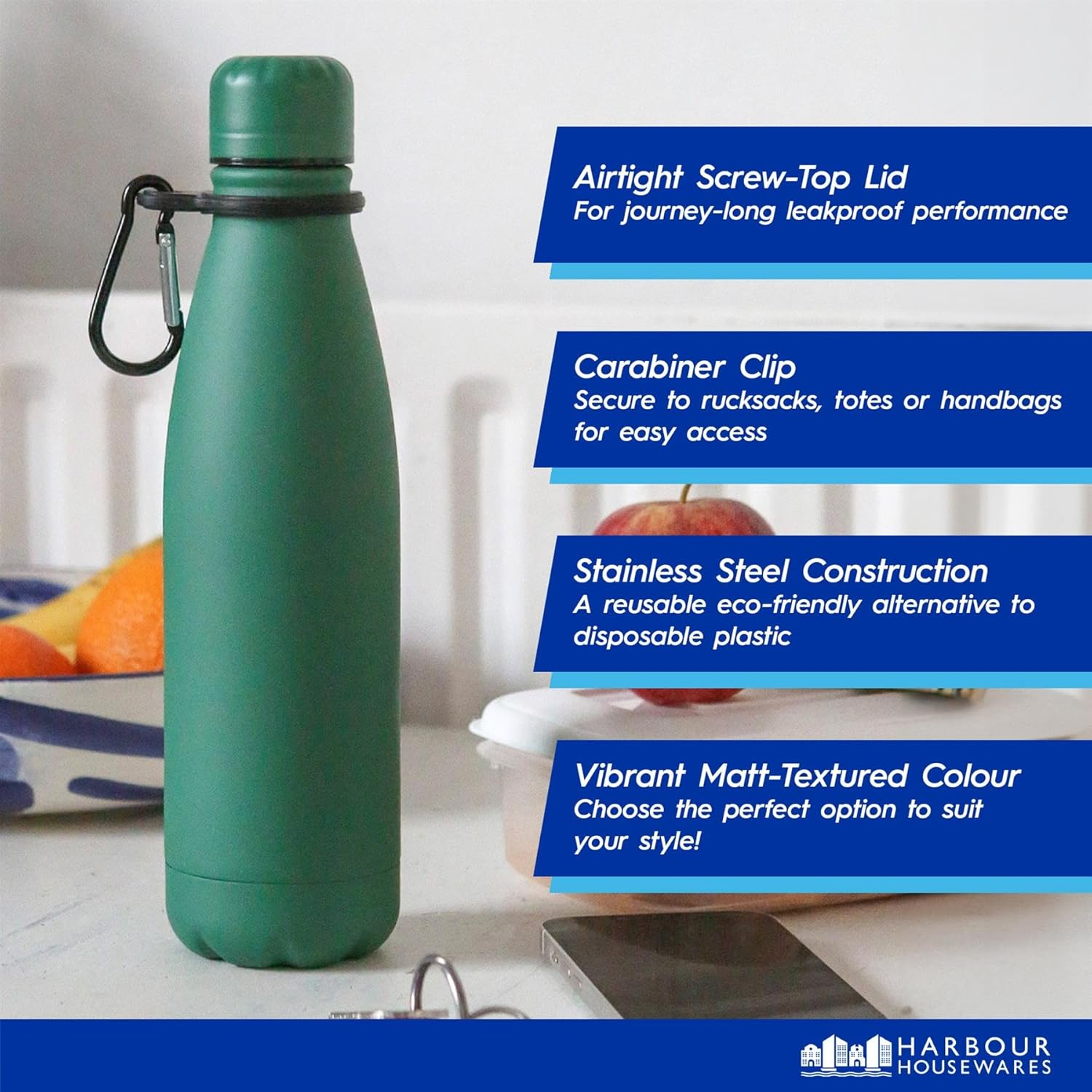 Harbour Housewares Stainless Steel Water Bottle with Carabiner Clip - 500Ml - Matt White - 1X Metal Cold Drink Drinking Vacuum Drinks Flask with Leak Proof Lid for Adults & Kids Gym, Sports, Travel image number 6