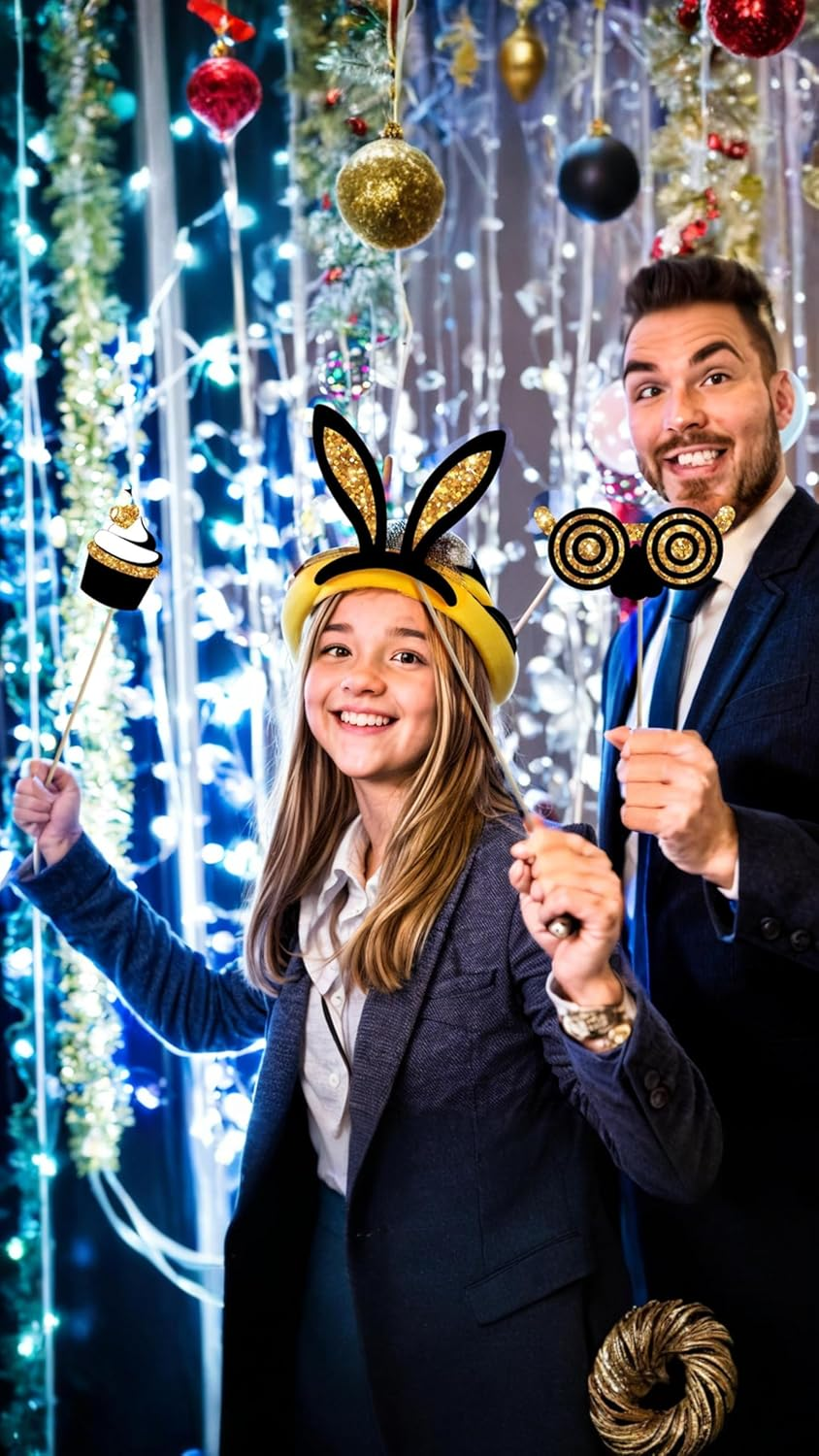 Honwor 24-Piece Golden Party Photo Booth Props - Perfect for Birthdays, Weddings, Graduation, Prom, and New Year Celebrations - Mix of Hats, Lipstick, Ties, and Crowns - Fun Party Supplies image number 1
