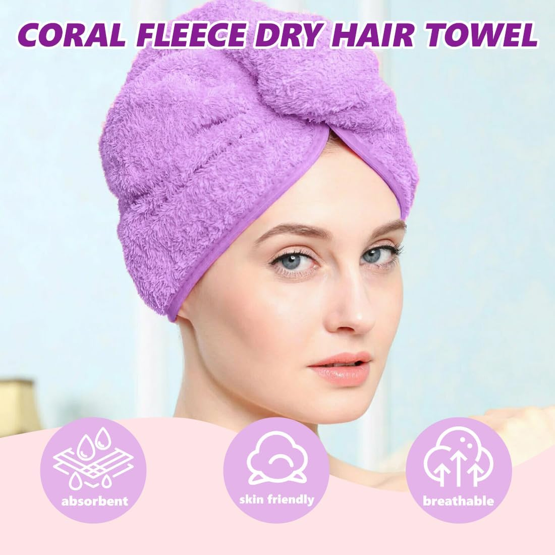 3 Pack Microfiber Hair Drying Towel Hair Drying Towel with Buttons, Super Absorbent, Quick Drying, Fluffy image number 4