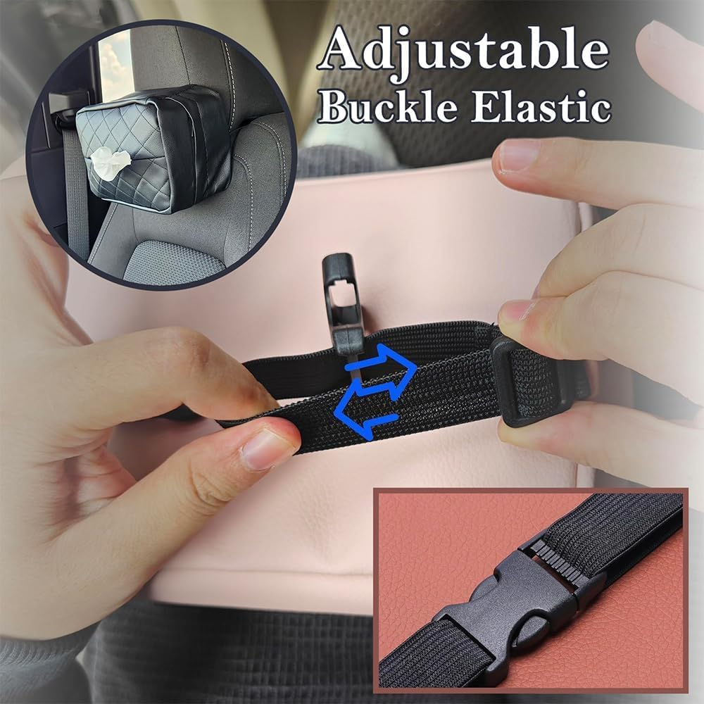 Car Tissue Holder Set, Leather PU Tissues Box Cover for Car Backseat Large Rectangle Napkin Holder Soft Rectangulars for Storage& Organization with 2Pcs Hooks - Black image number 4