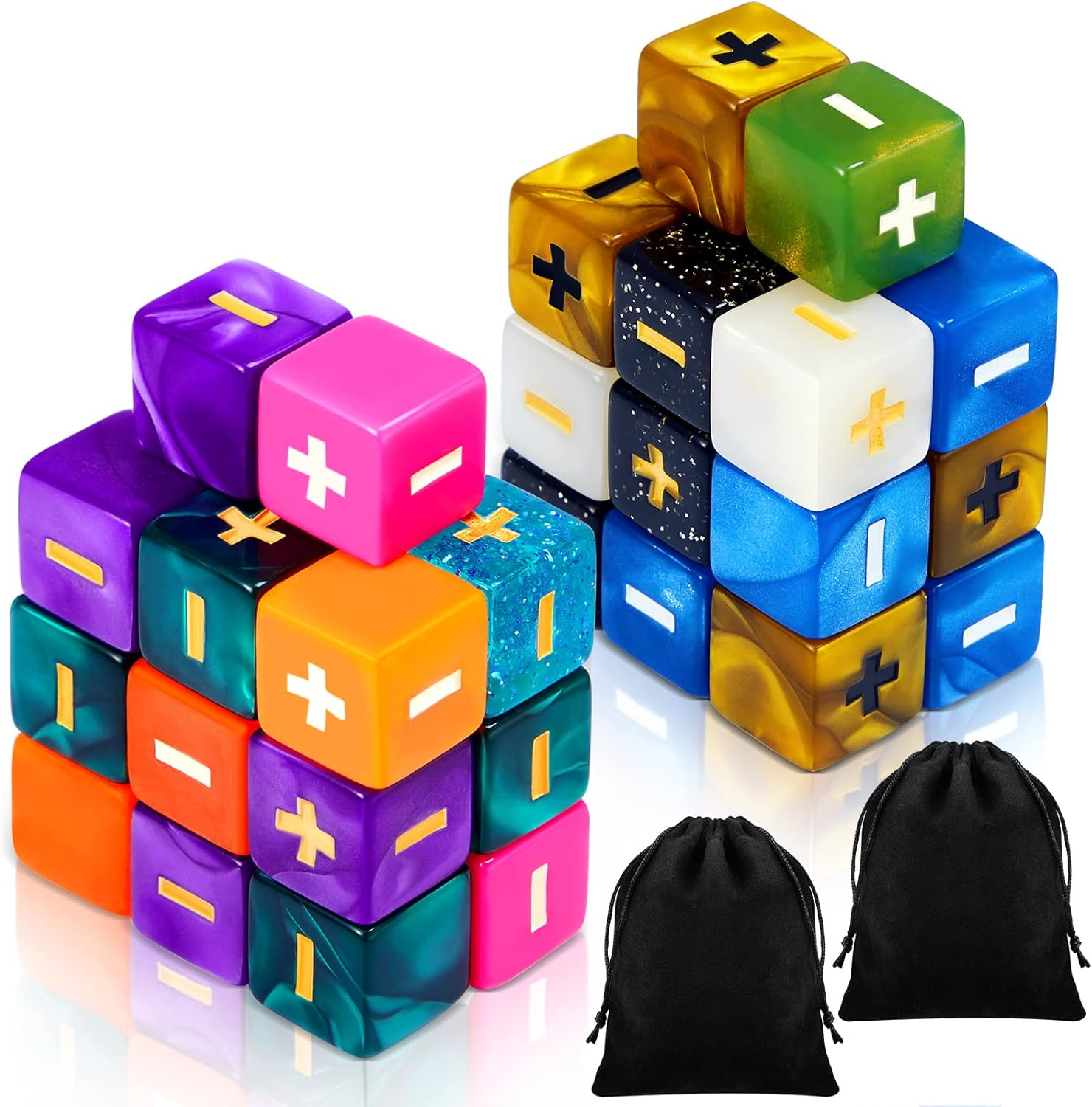 Sumind 40 Pcs Fudge Dice with 2 Black Velvet Bags plus minus Dice Multicolored Acrylic Dice Toys with Plus, Minus, and Blank Sides for Kids Classroom Teacher Teaching Games Props, 10 Colors image number 2
