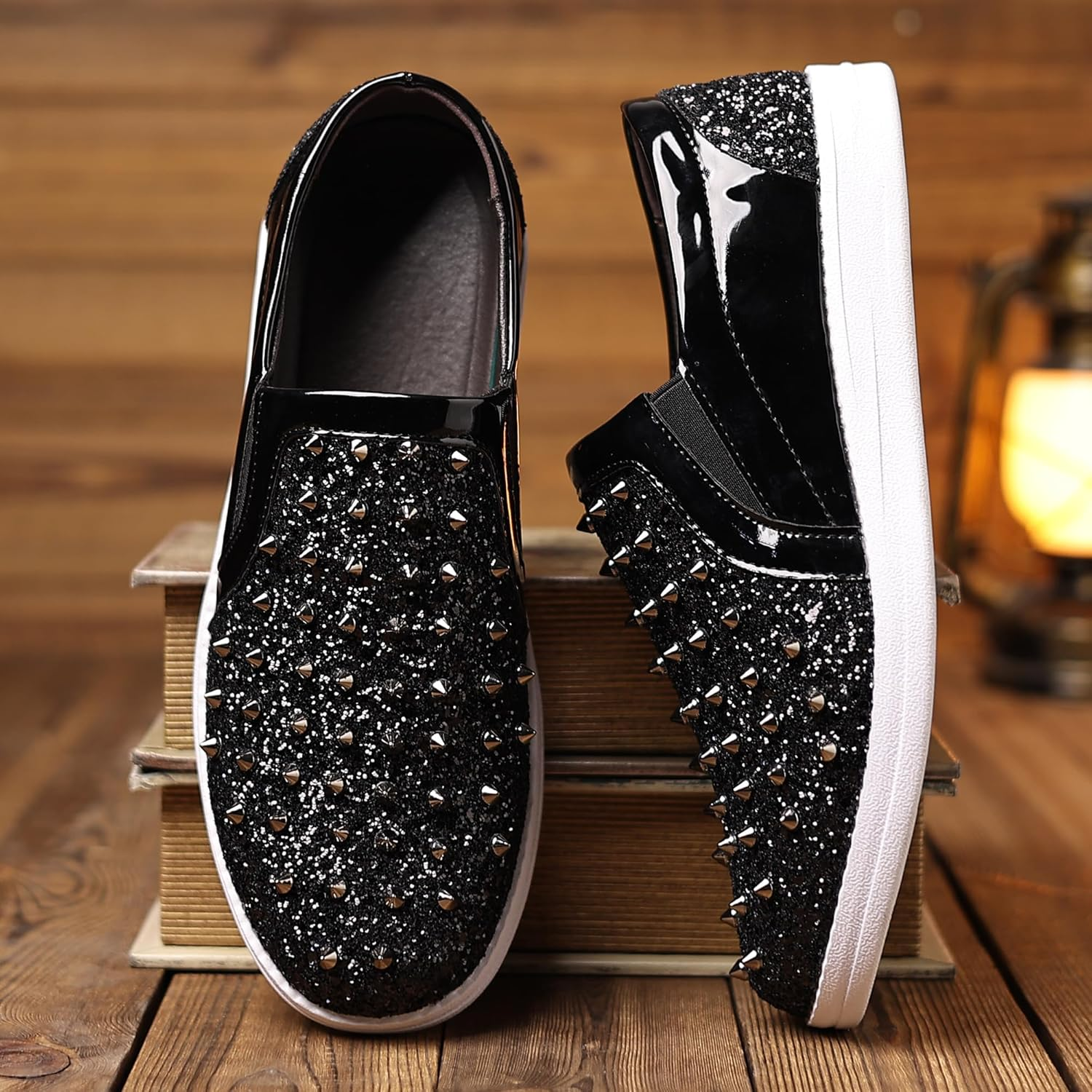 Trsorini Men'S Glitter Spikes Sneakers Sparkly Shiny Light-Up Shoes Metal Rivet Soft Sole Male Shoes image number 1