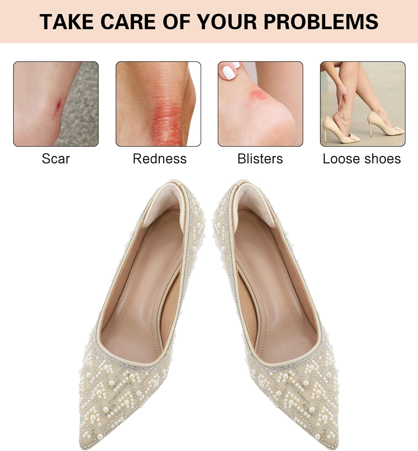 YBVABE Heel Grips Liner Cushions Inserts for Shoes Too Big - 8 Pieces Large Heel Pads Snugs for Sports Shoes Too Big, Improved Fit and Comfort Filler for Men & Women, Stop Heel Slip and Blister - Beige image number 2