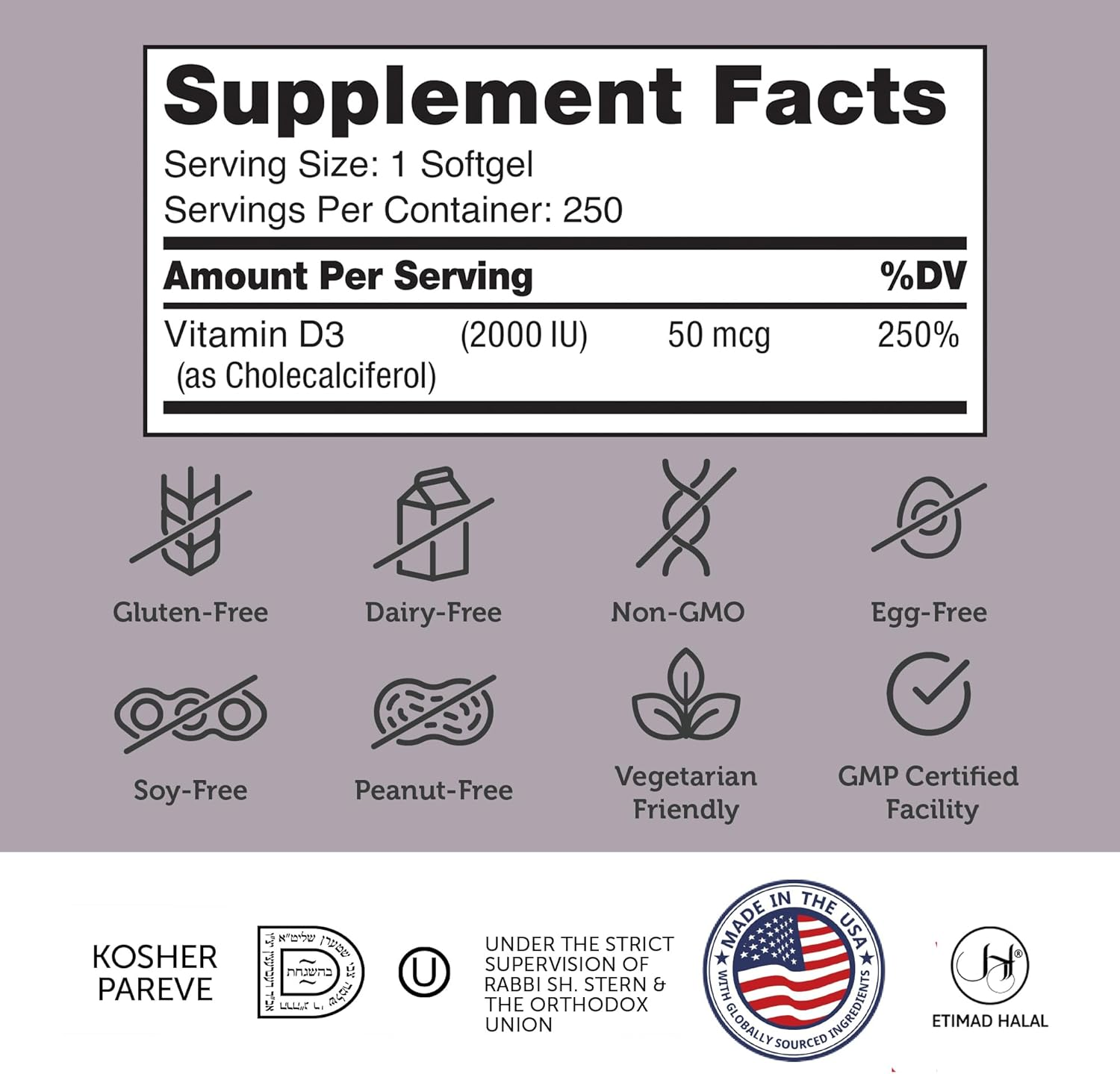 Zahler Vitamin D3 2000 IU, an All-Natural Supplement Supporting Bone Muscle Teeth and Immune System, Advanced Formula Targeting Vitamin D Deficiencies, Certified Kosher, 250 Softgels