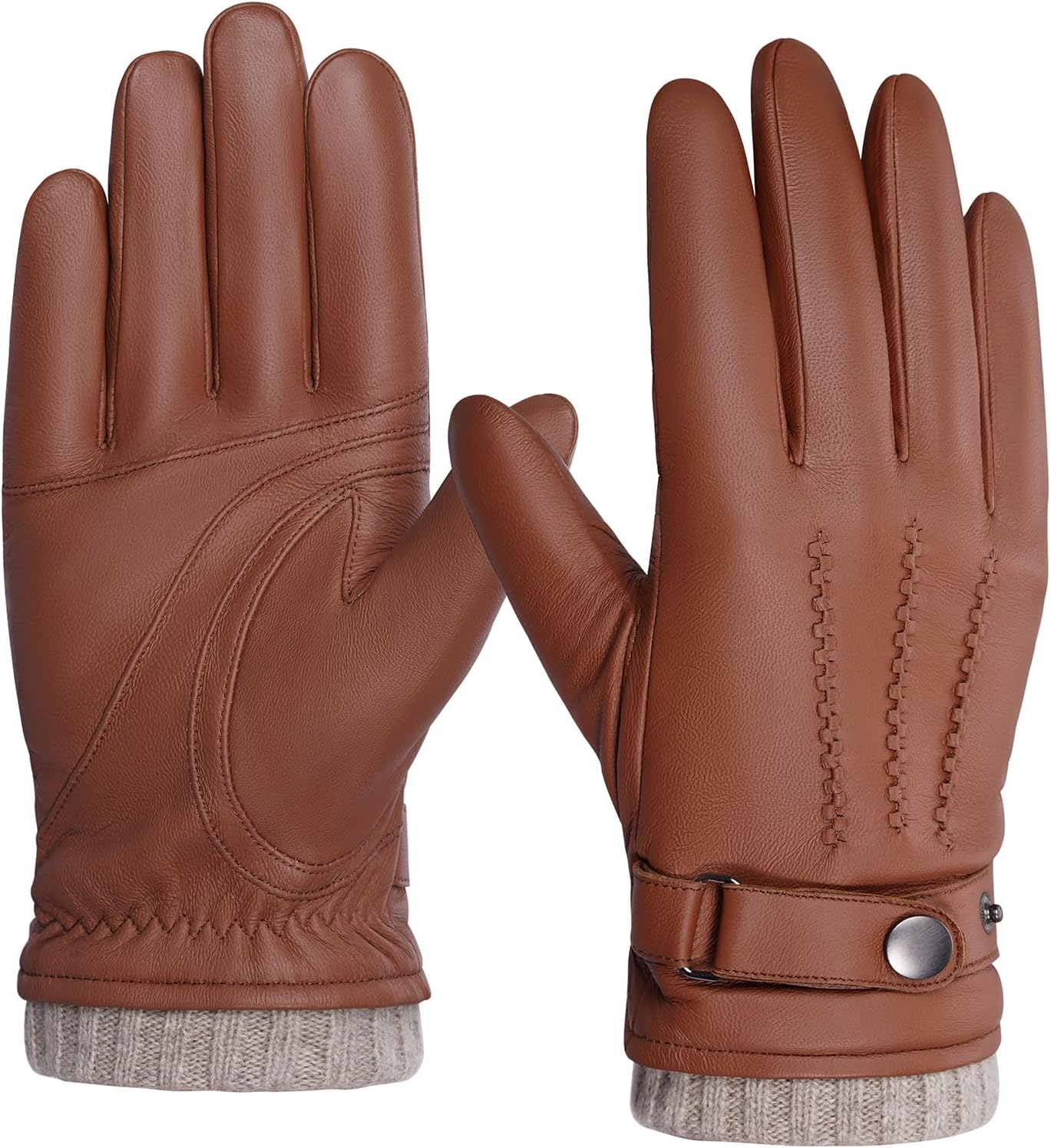 BISON DENIM Men'S Leather Gloves Warm Cashmere Lining Windproof Gloves Touchscreen Function