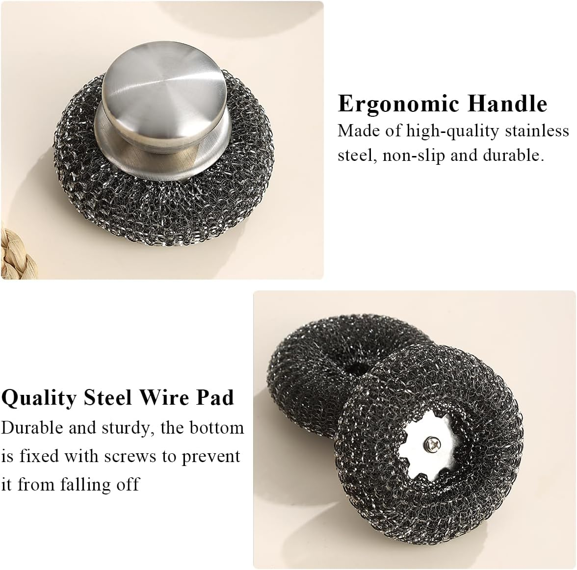 Kyraton Stainless Steel Scourers with Handle to Protect Your Hand Set of 5, Big Metal Wire Wool 4 X 4In Confortable to Hold and Durable and Strong image number 2