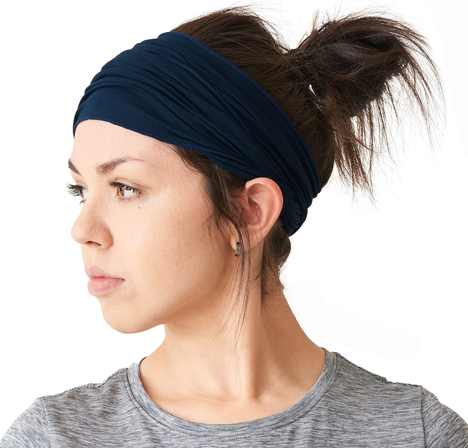 CHARM Mens Bandana Head Wrap - Womens Elastic Headband Japanese Long Hair Dreads - Black  Dark Gray 2-Pack image number 6
