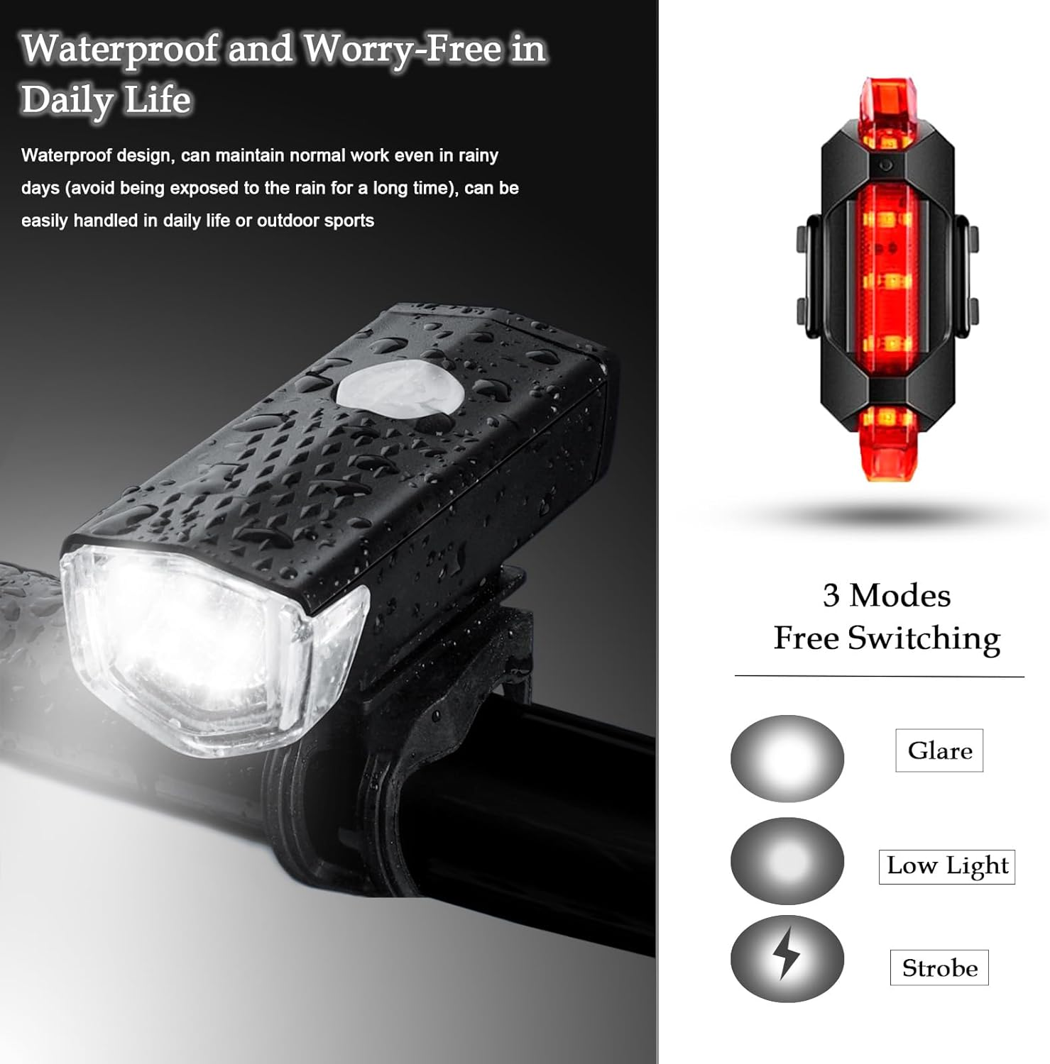 Rechargeable USB Bike Lights Set Waterproof Bike Headlight & Tail Light Set for Men Women Kids Road Mountain Cycling Night Riding image number 4