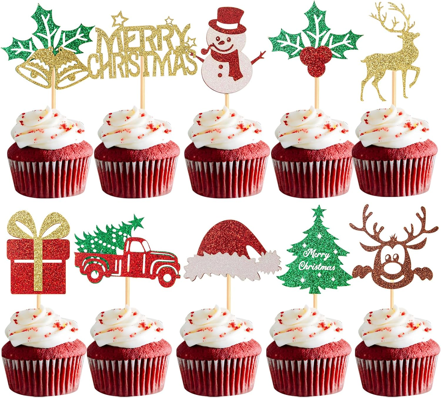 60Pcs Merry Christmas Cupcake Toppers, Glitter Christmas Eve Xmas Cupcake Picks Christmas Tree Cupcake Toppers for Christmas Theme New Year Holiday Party Cake Decorations,Mix Style image number 2