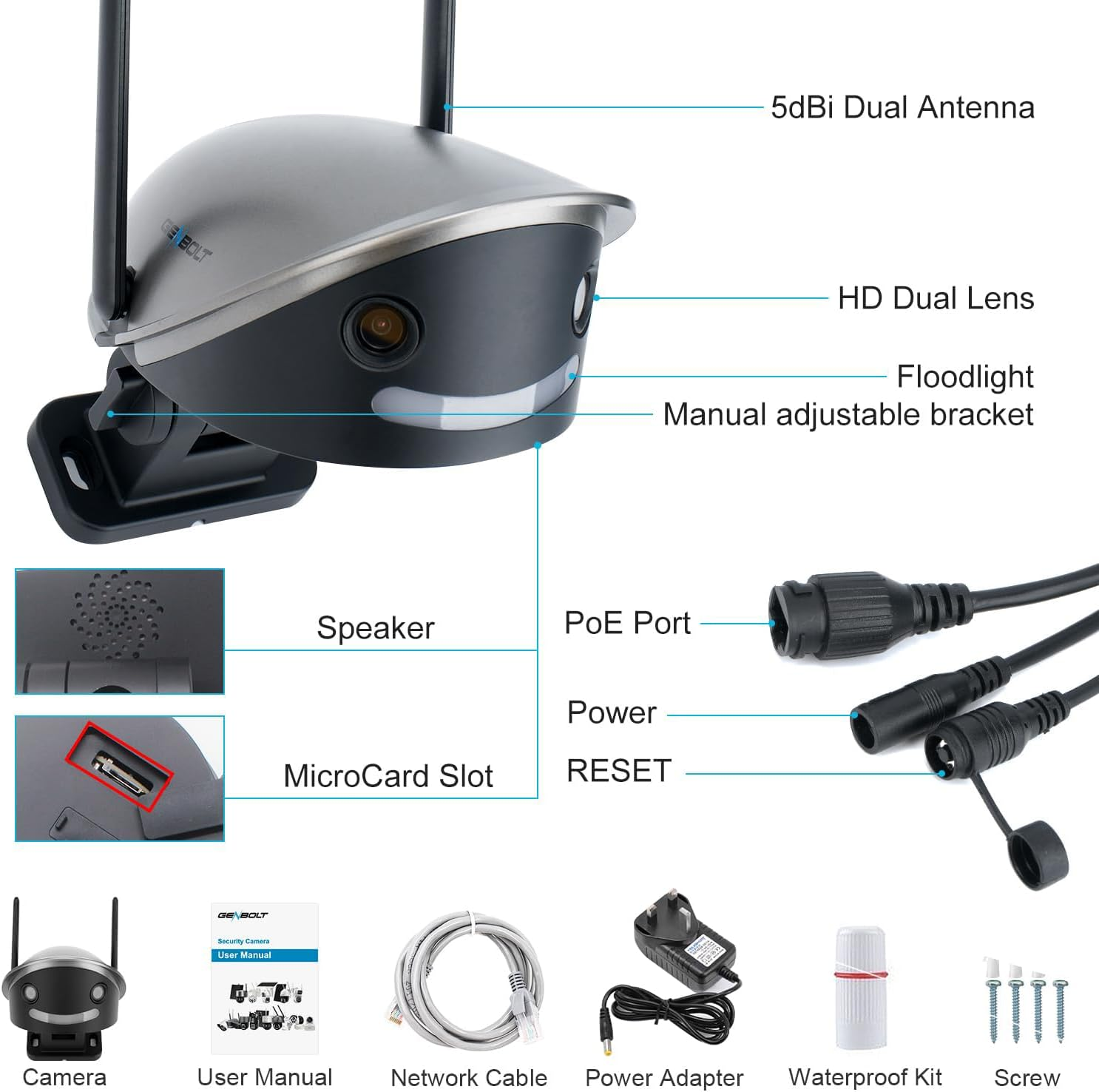 GENBOLT 2.5K Security Camera Outdoor with 180Ultra-Wide Angle, 2.4/5 Ghz Dual-Lens Poe Security Camera, Smart Human/Vehicle/Pet Detection, Color Night Vision, Two-Way Audio image number 6