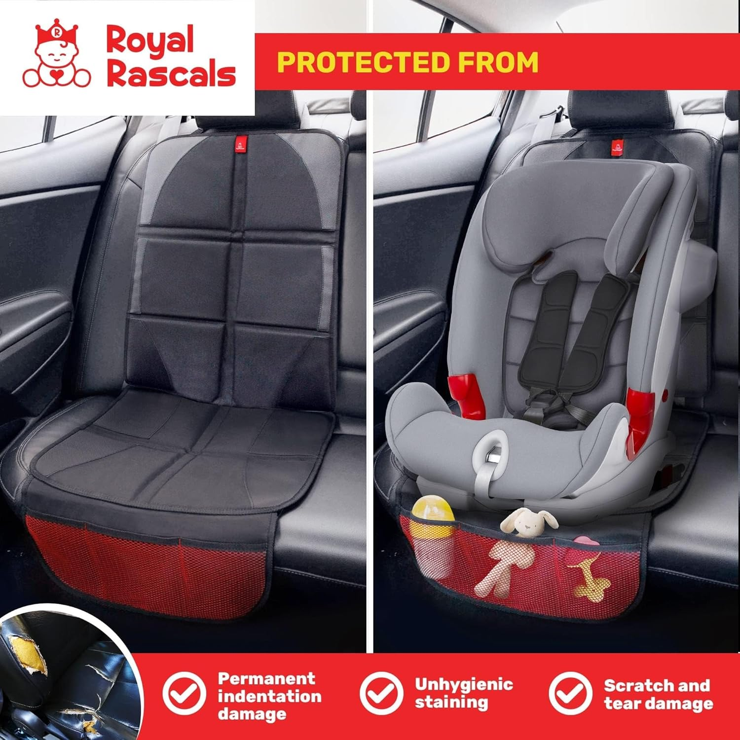 Royal Rascals Baby Car Seat Protector for Baby Seat, Padded Car Seat Covers with Headrest Fastener, Universal Car Seat Covers with Organiser Pockets - Waterproof Baby Car Seat Covers - Single Pack image number 5
